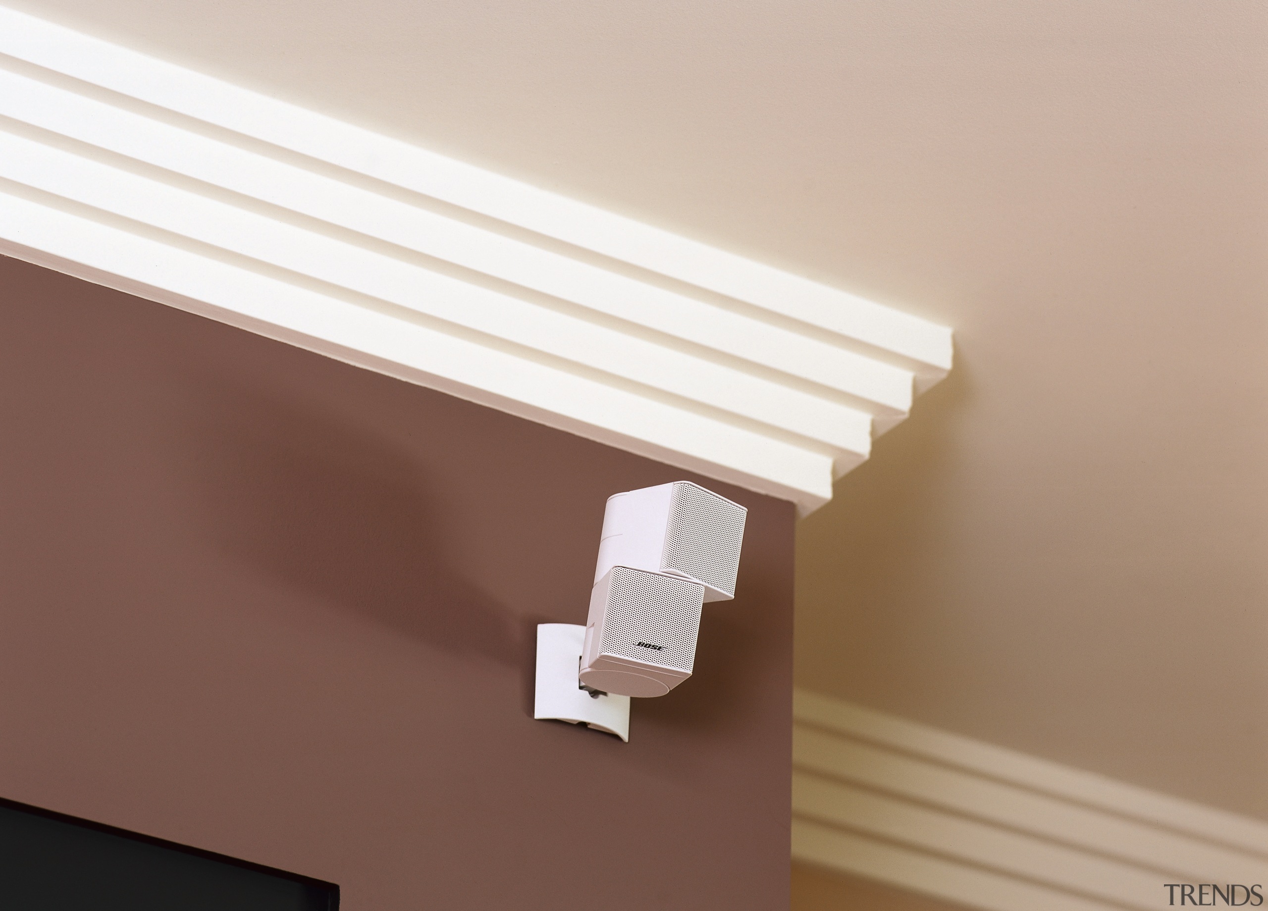 view of the jewel cube speakers - view angle, daylighting, molding, product design, wood, brown, gray