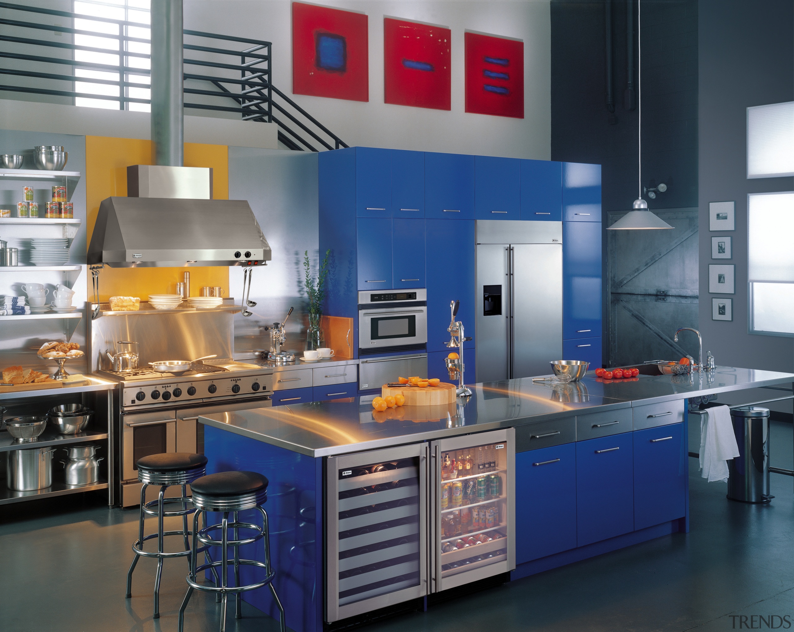 View of a kitchen, blue cabinetry, polished concrete countertop, interior design, kitchen, product, gray