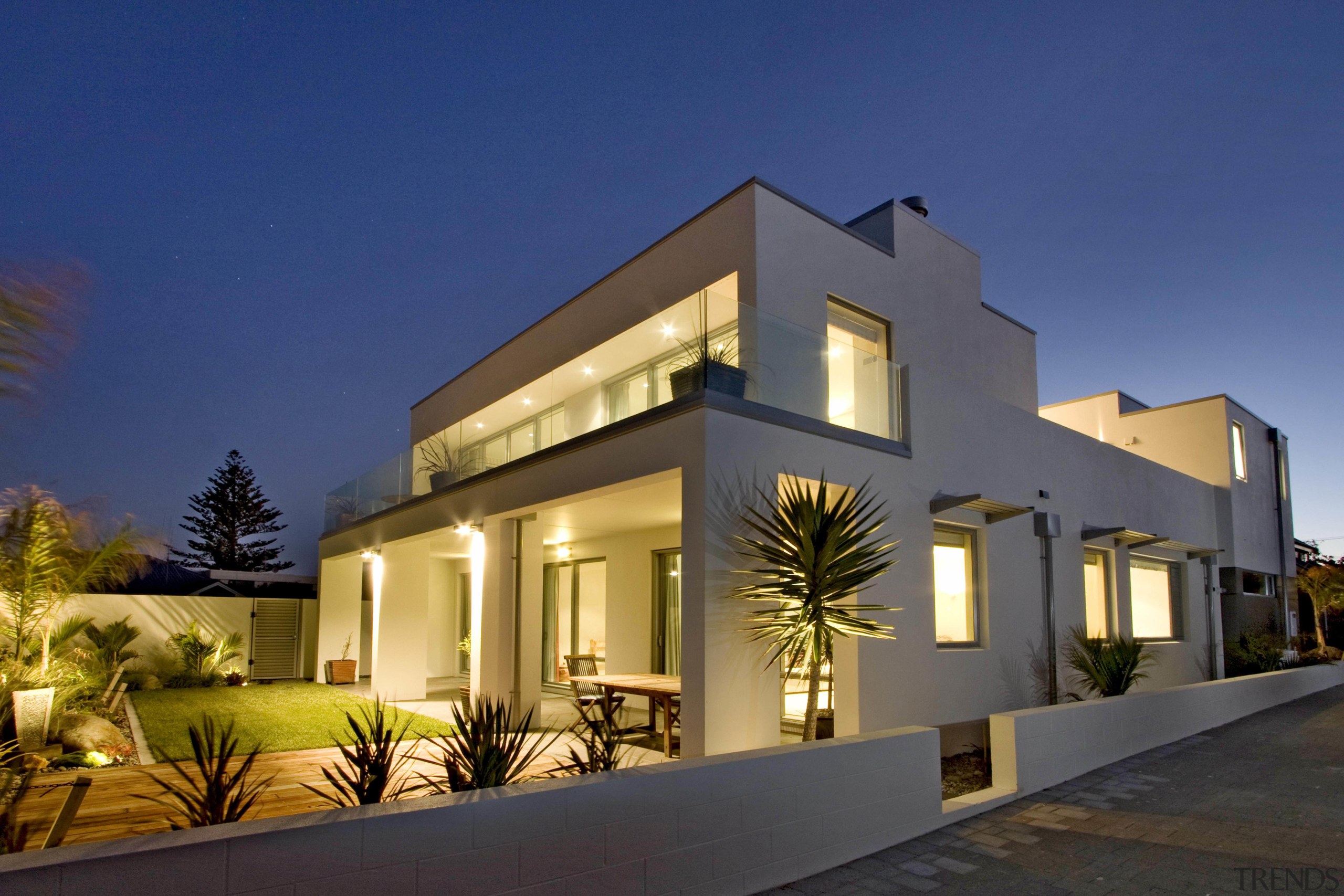 An exterior view of concrete cladding from Celcrete. apartment, architecture, building, elevation, estate, facade, home, house, lighting, property, real estate, residential area, villa, blue