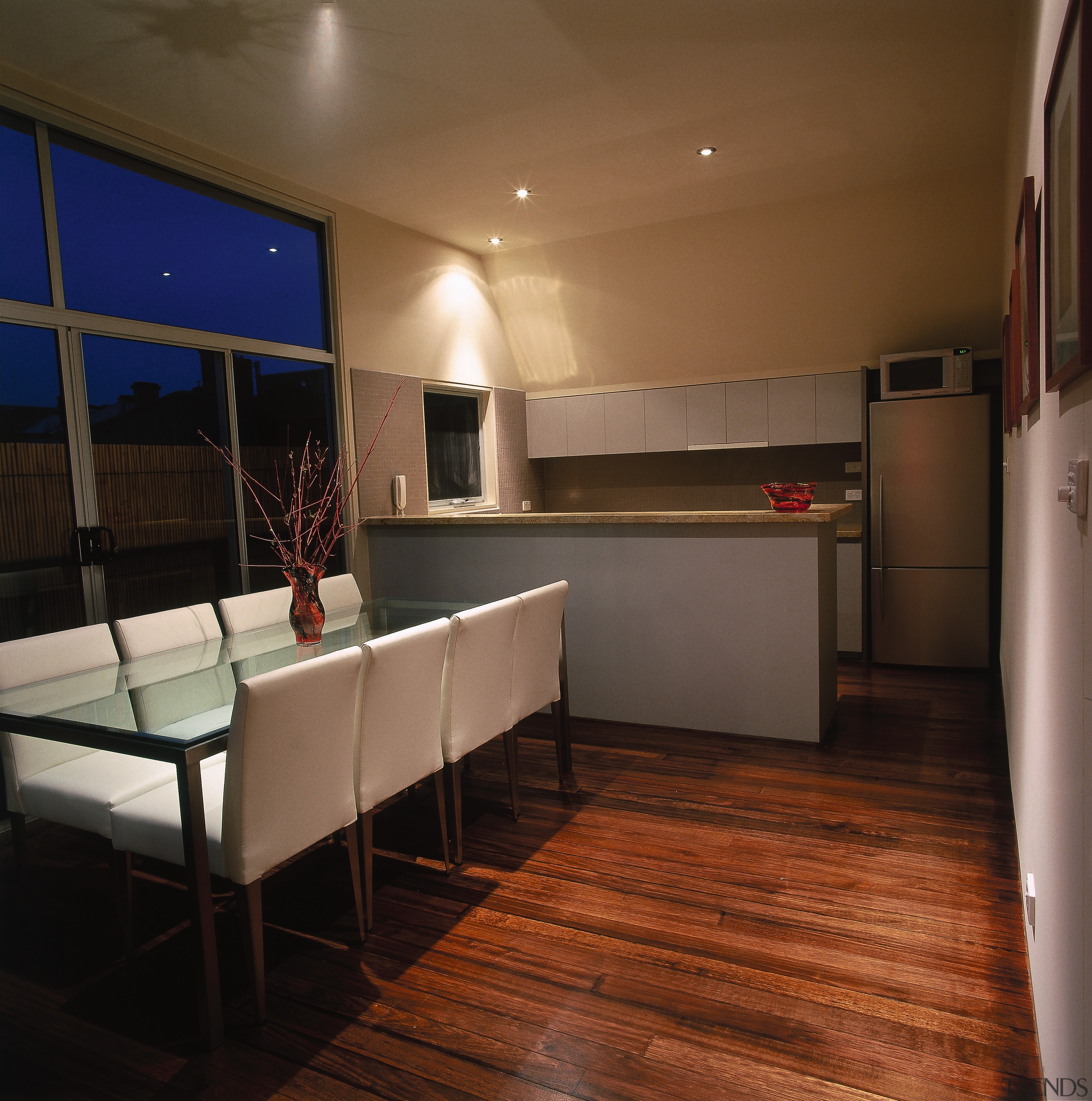 The view of an open plan dining room architecture, ceiling, floor, flooring, interior design, real estate, room, brown, black