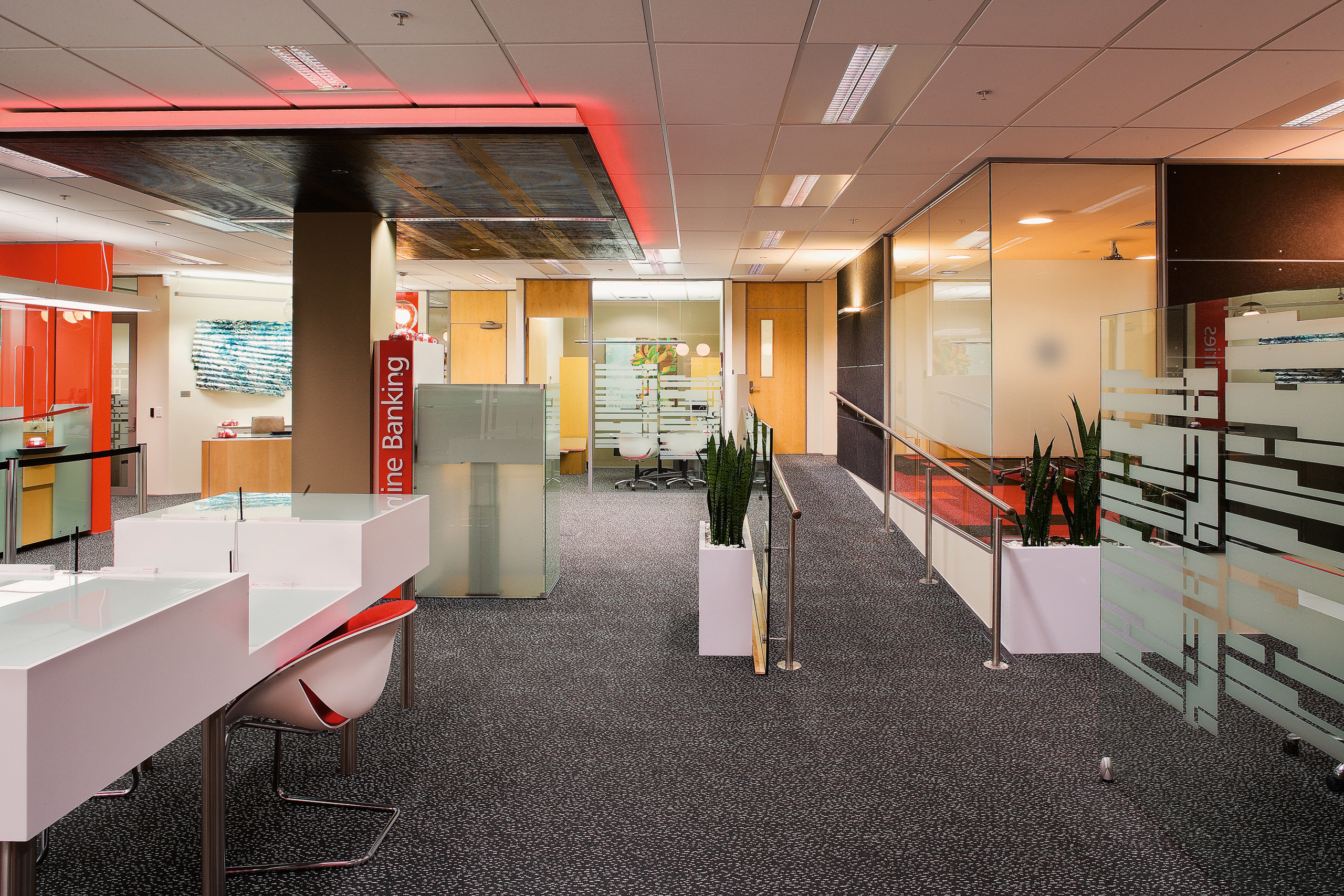 An interior view of the bank, carpet lights, interior design, lobby, office, gray, black