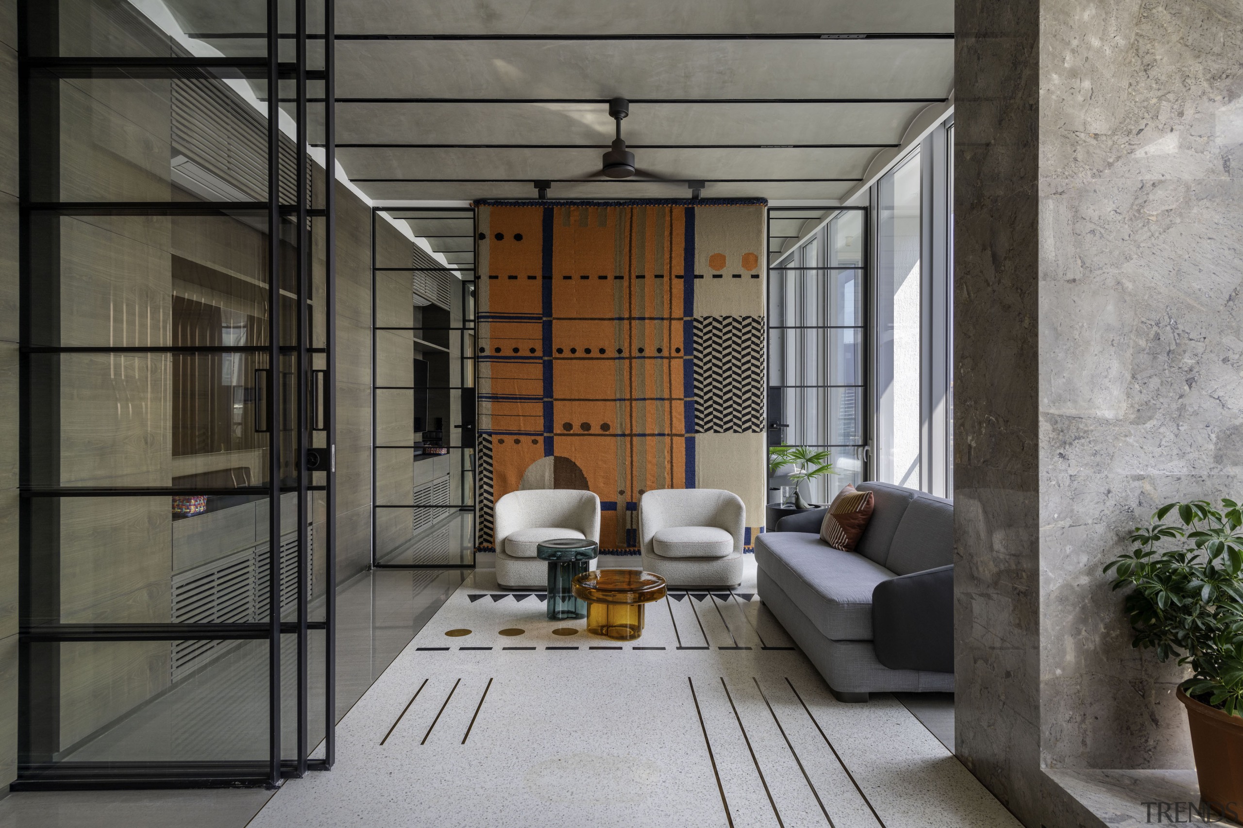Sliding glass doors can separate off the living 