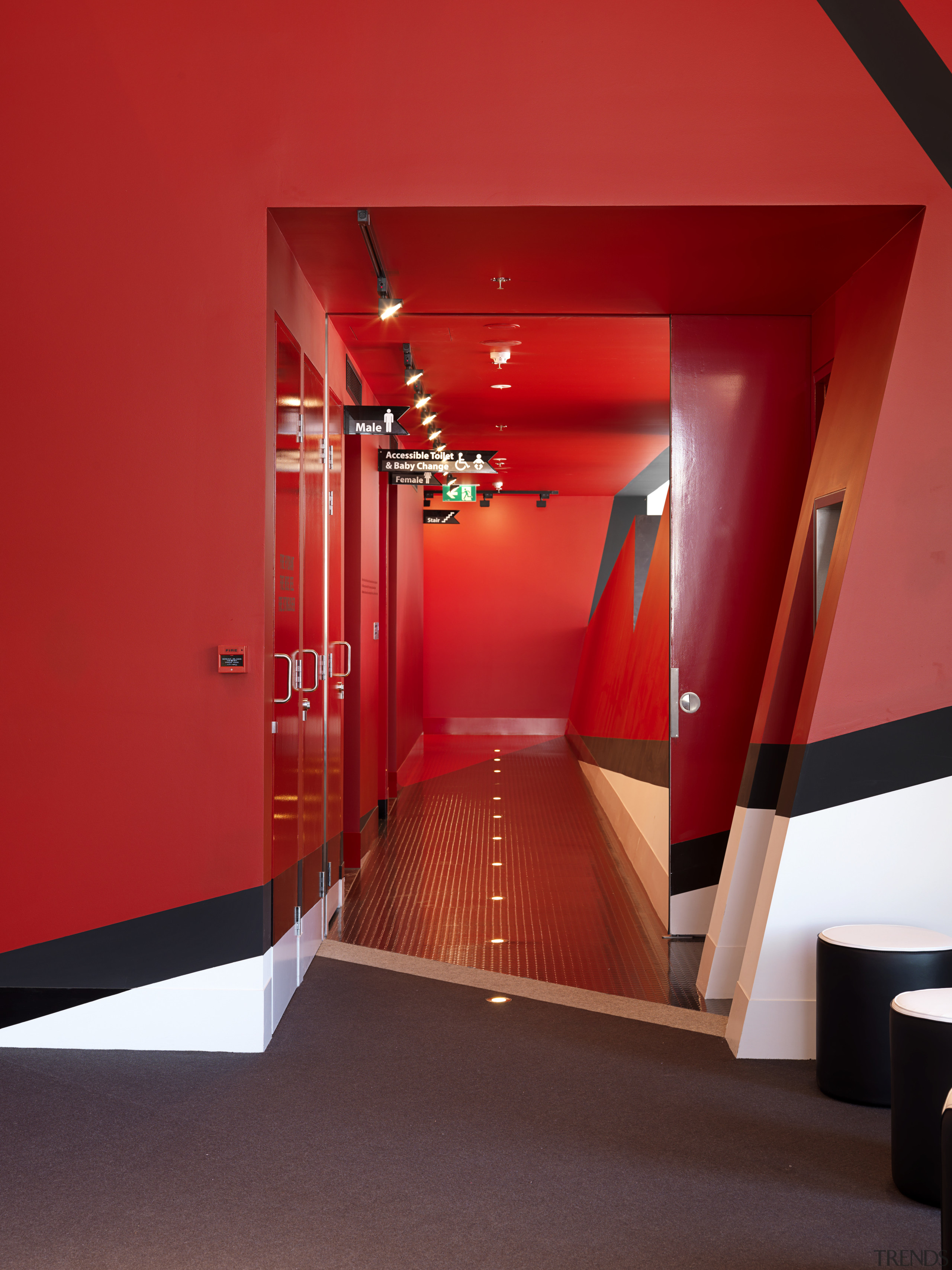 Interior view of the first floor of the architecture, ceiling, floor, flooring, interior design, lighting, red, wall, red