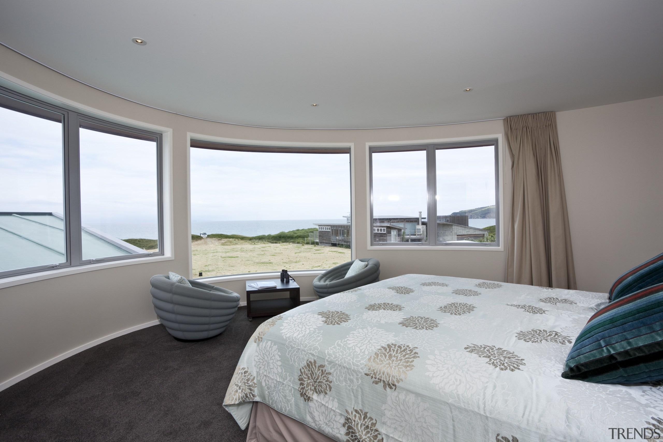 View of red, black and white beach house bedroom, daylighting, estate, home, interior design, property, real estate, room, window, gray, white