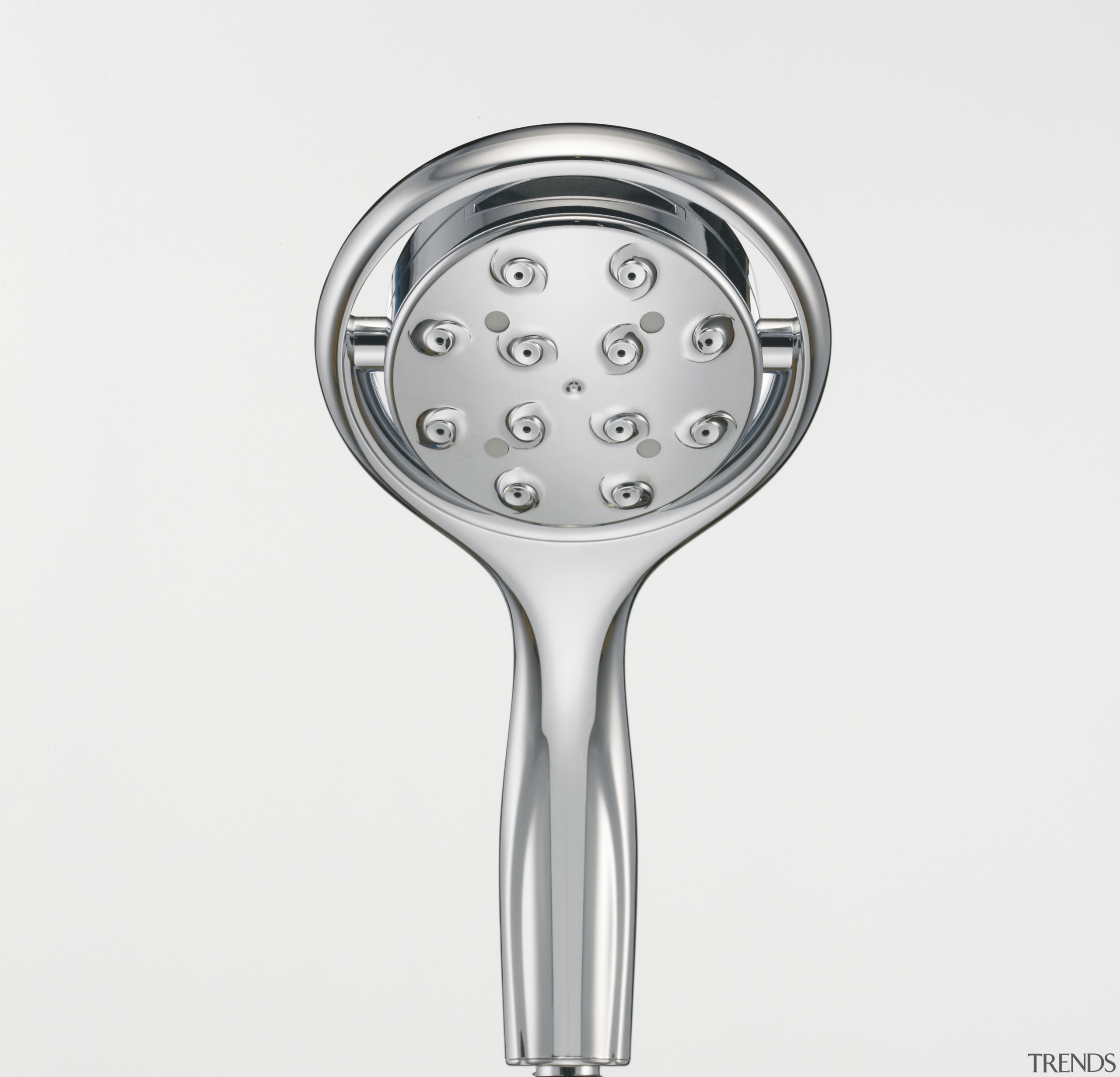 View of a chrome shower head from Kohler. hardware, product, product design, tap, white