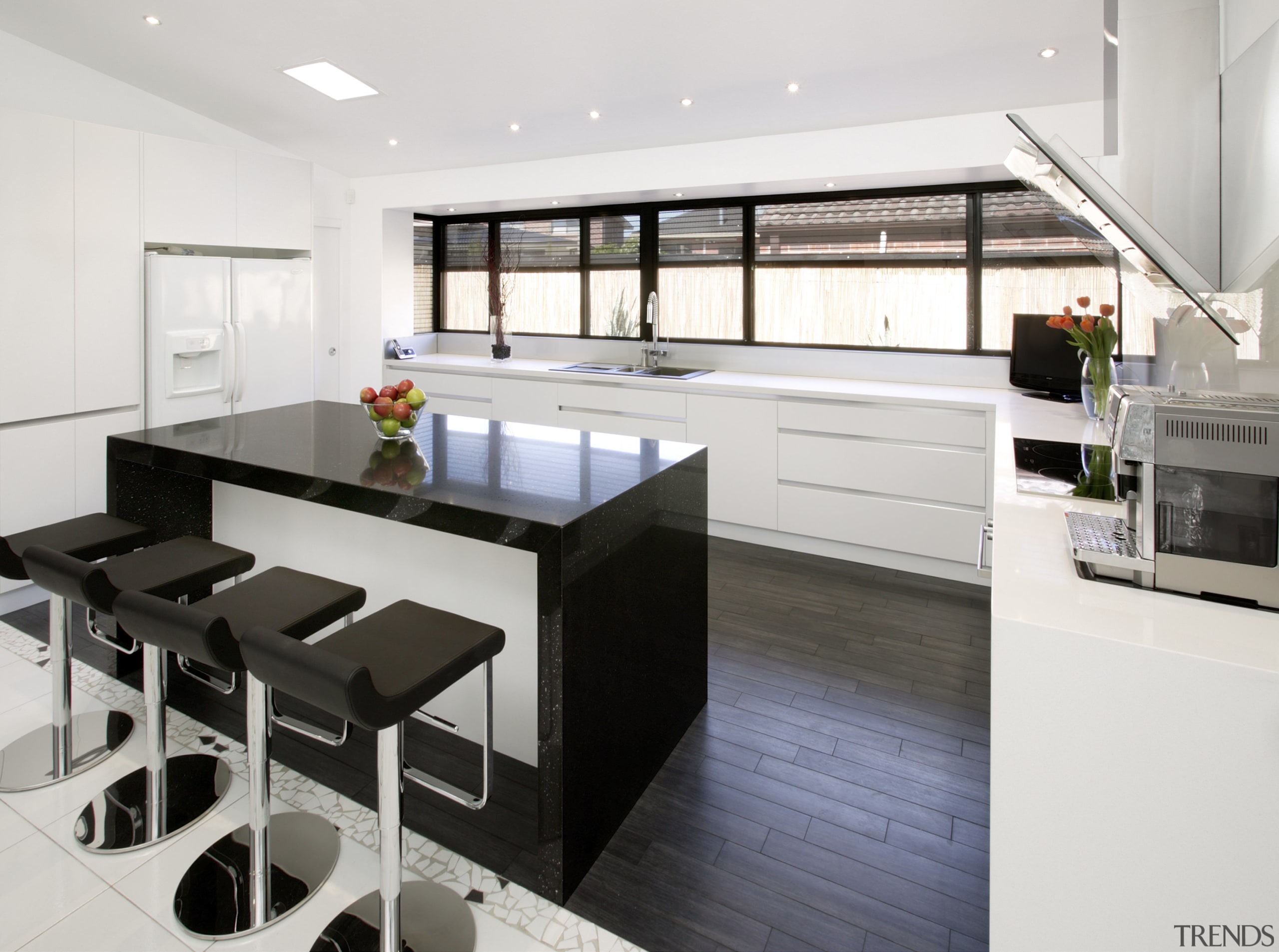 Black and white contemporary kitchen with quartz benchtops cabinetry, countertop, cuisine classique, interior design, kitchen, product design, white