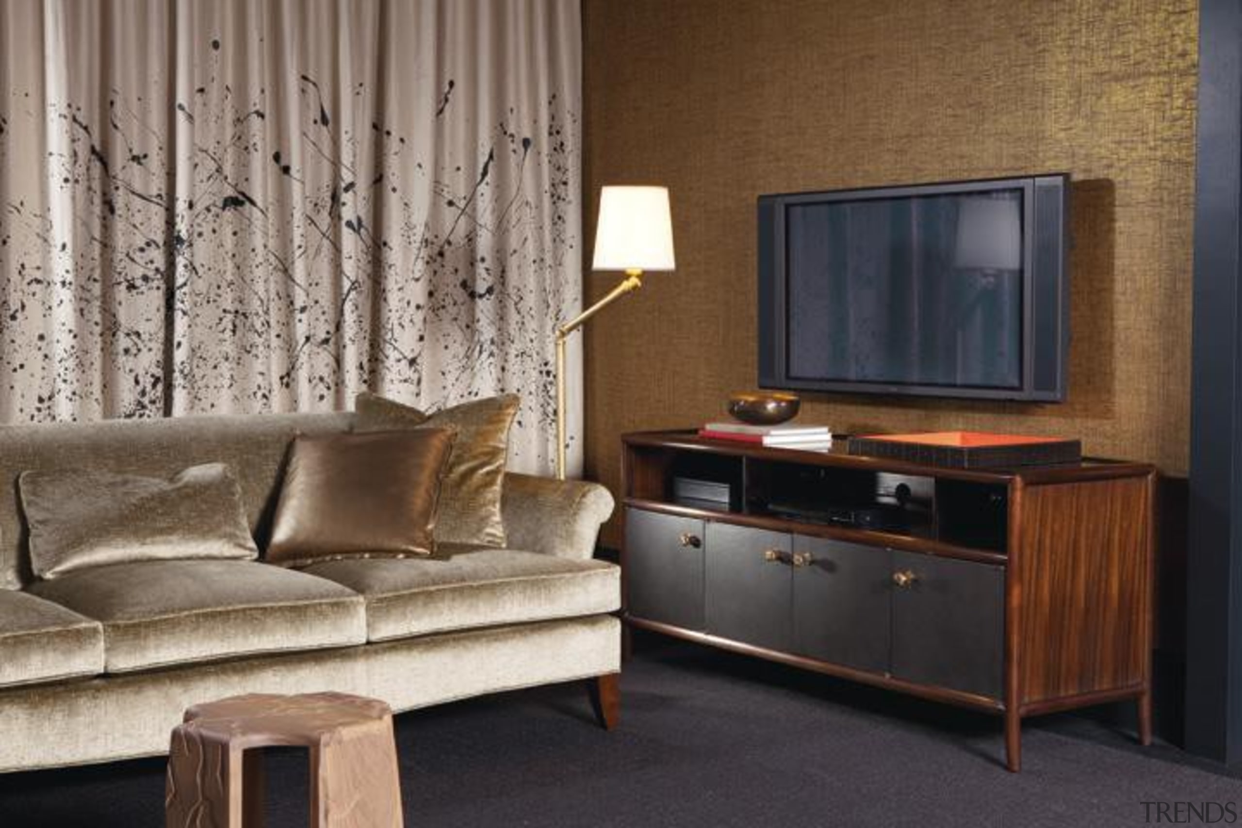 Vintage, antique, and modern pieces creatively express a furniture, home, interior design, living room, room, suite, wall, window, brown, gray