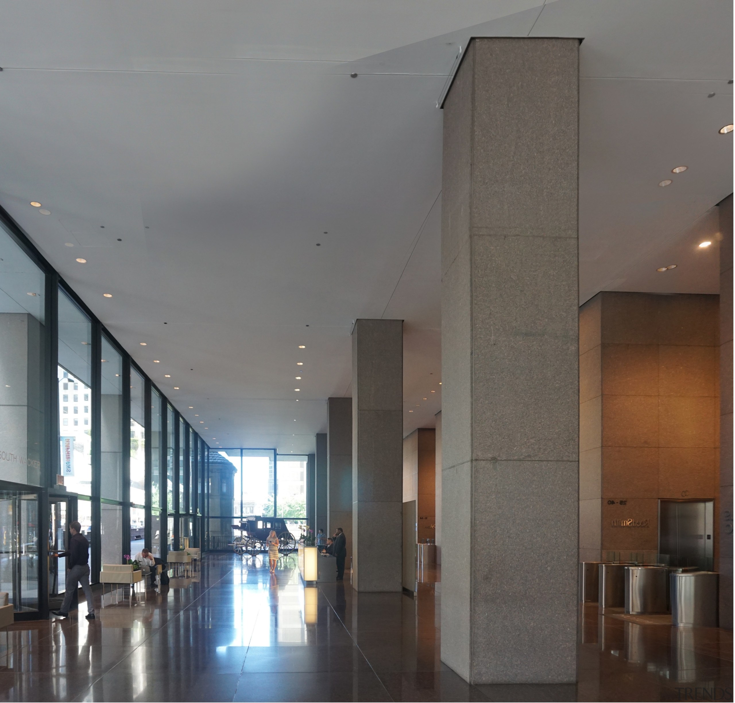 What a difference – before Krueck&nbsp; + Sexton Renovationed lobby, CME Centre, architecture, floor, glass, hall, interior design, lobby, Krueck and Sexton