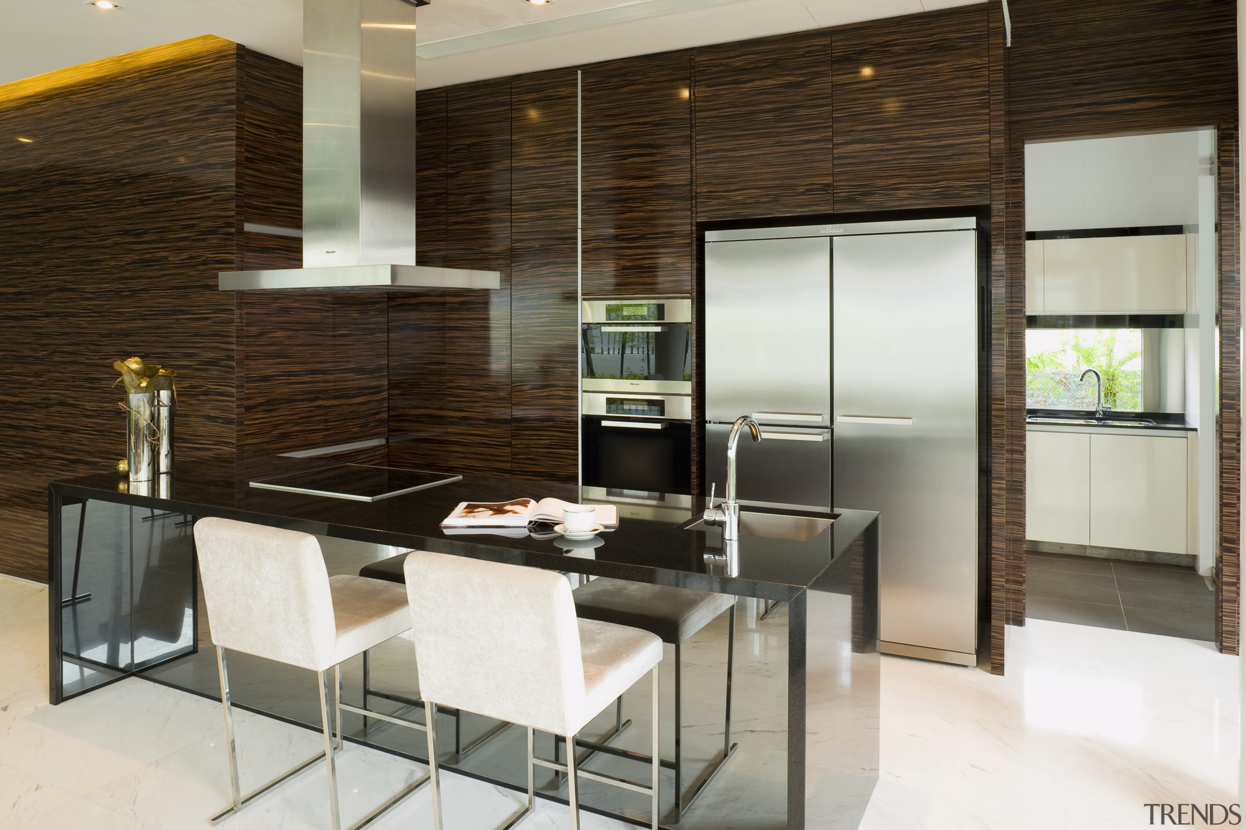 Image with view of kitchen which has used interior design, kitchen, brown, white