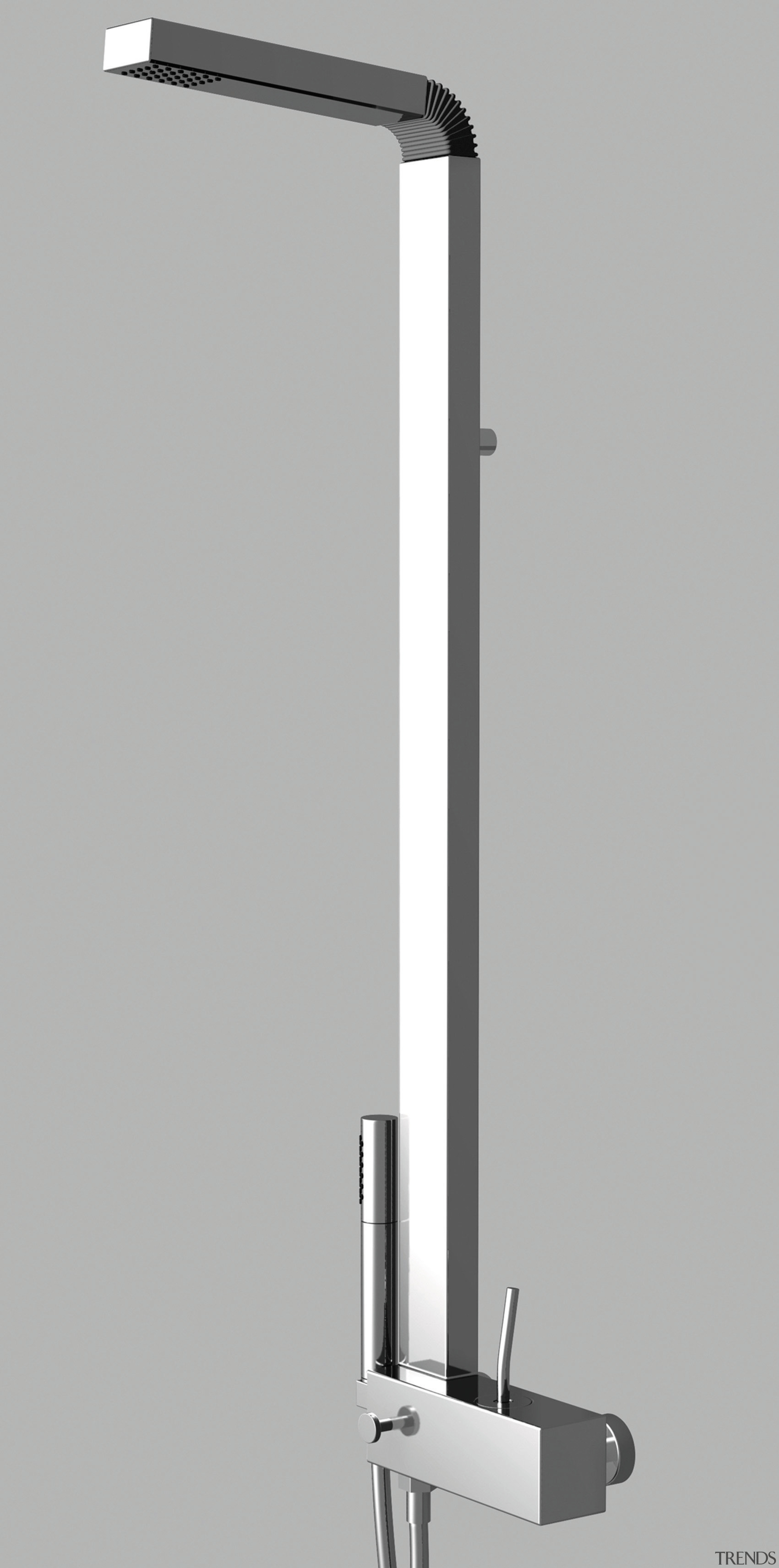 View of a chrome shower column. - View angle, lighting, plumbing fixture, product design, tap, gray