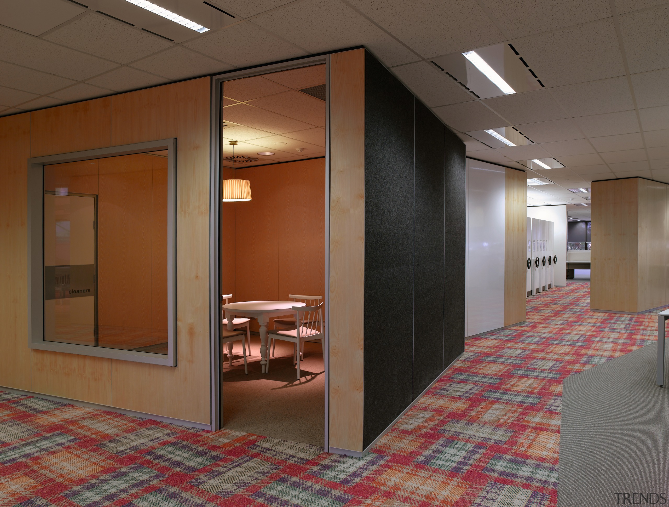 Image of the Westpac Epping Office which underwent ceiling, floor, flooring, interior design, lobby, wall, brown