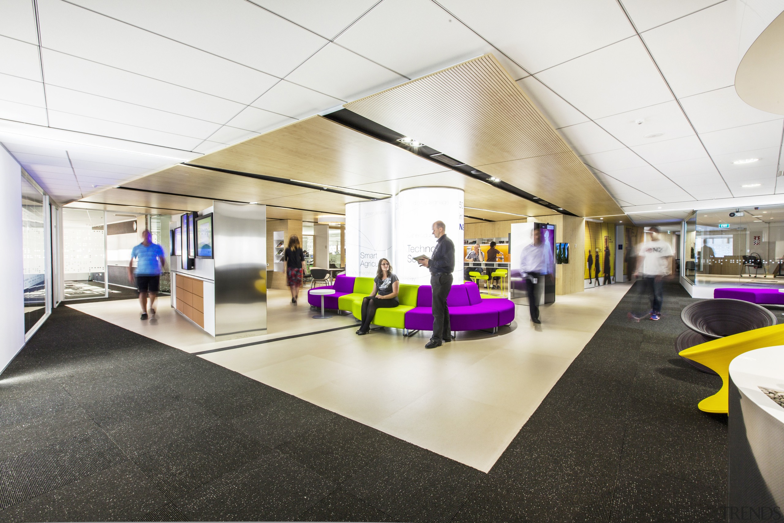 A suspended pod within an open floorplate  interior design, lobby, office, white