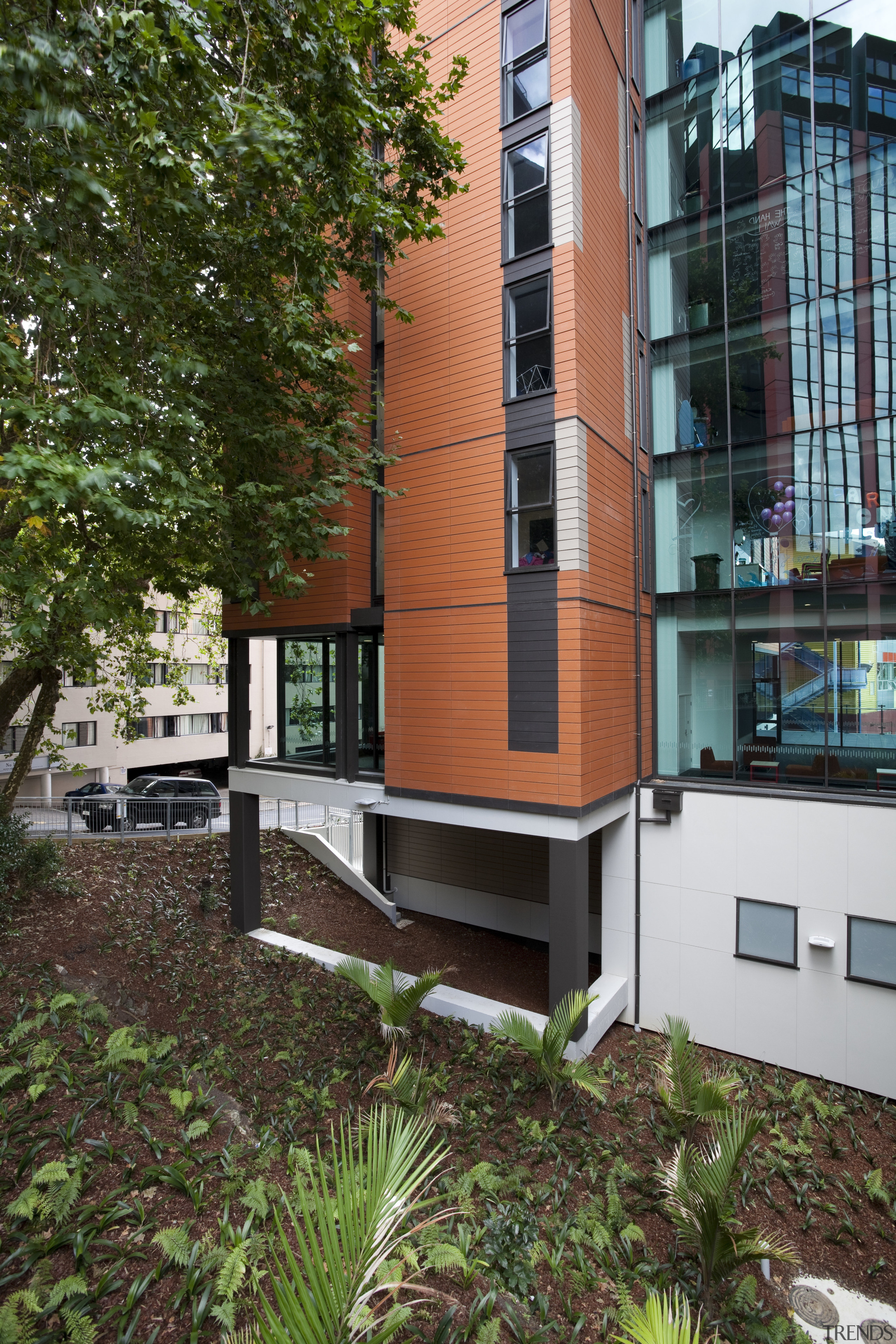 Exterior view of halls of residence. - Exterior apartment, architecture, building, condominium, facade, home, house, mixed use, neighbourhood, property, real estate, residential area, tree, window, brown