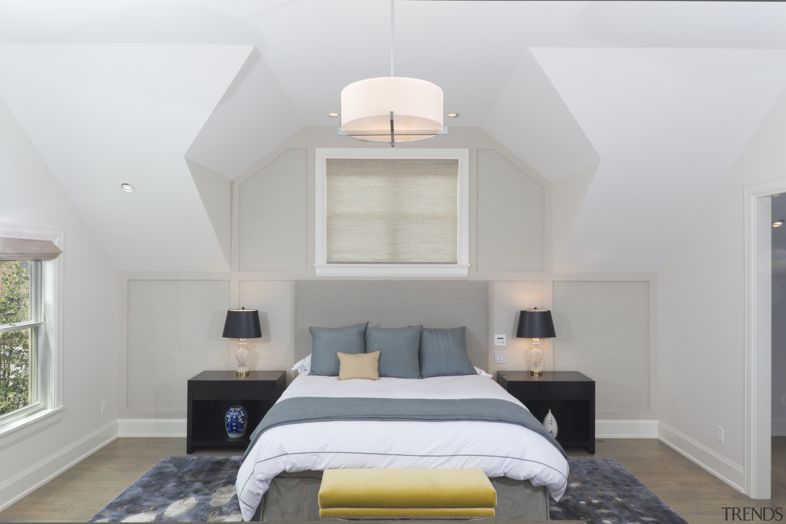 Symmetry evokes a sense of calm in this architecture, bed frame, bedroom, ceiling, daylighting, estate, home, house, interior design, real estate, room, wall, window, gray, white