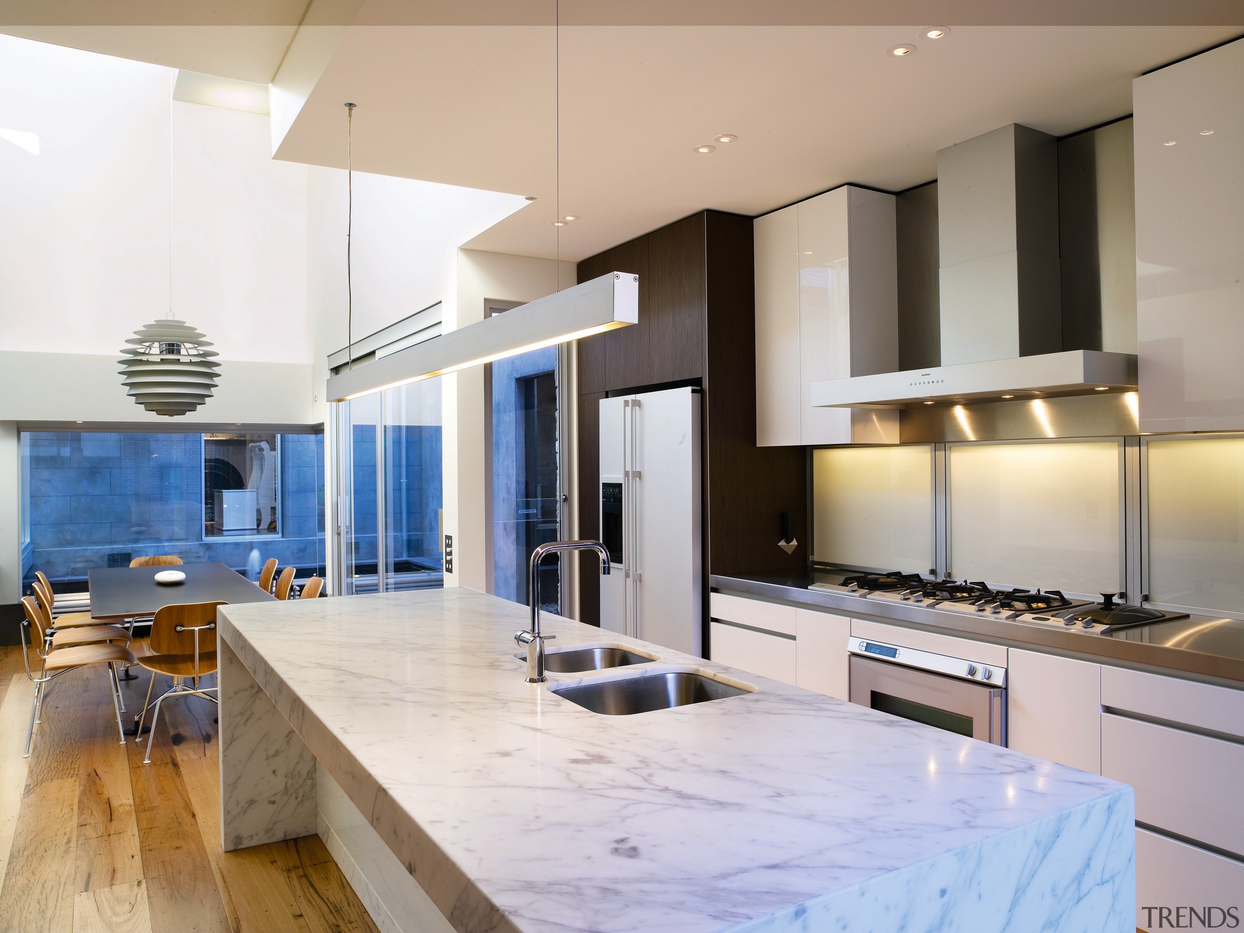 A view of the kitchen and dining areas, ceiling, countertop, interior design, kitchen, real estate, gray