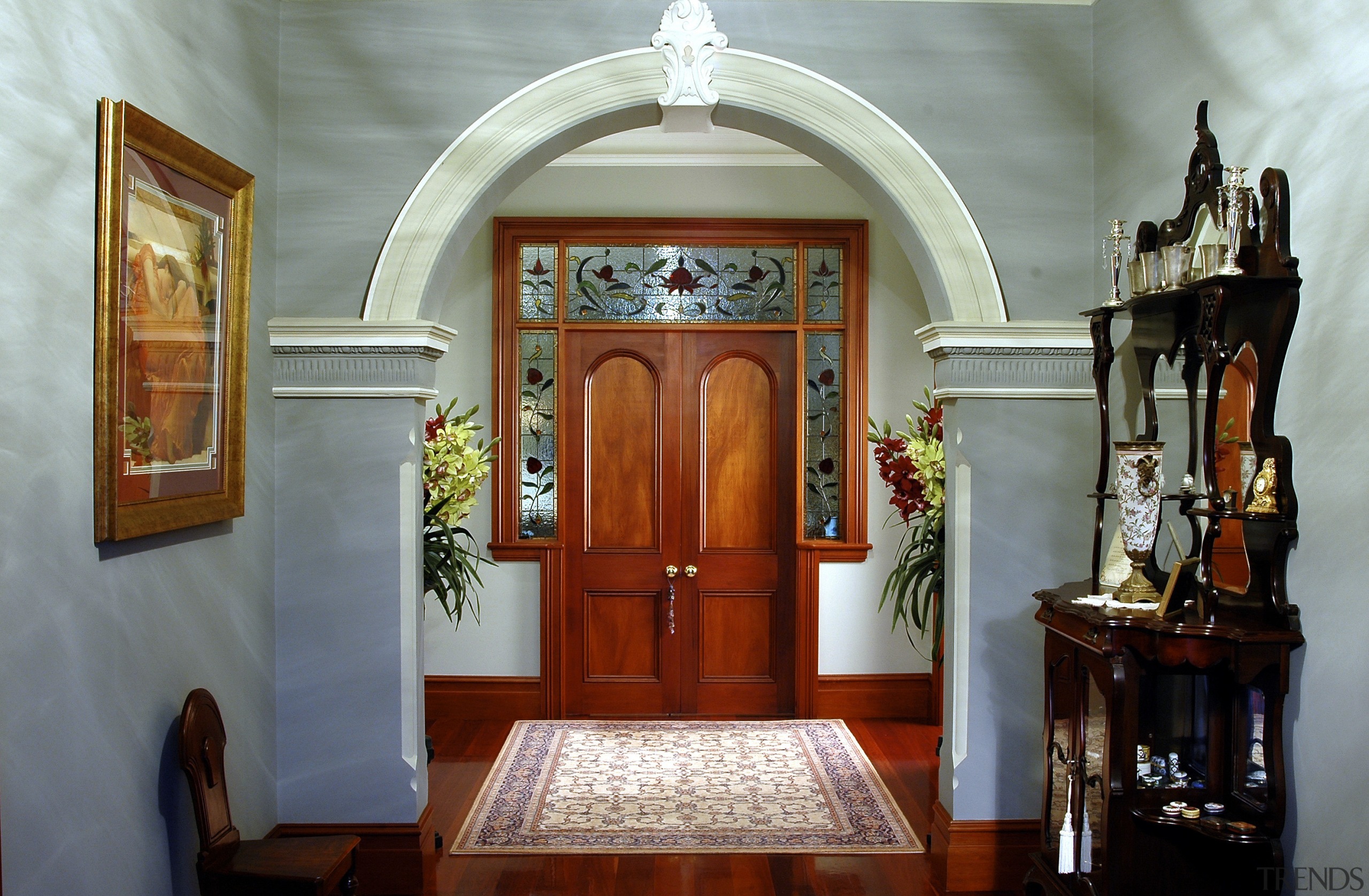 View of archway in entrance. - View of arch, chapel, door, interior design, place of worship, gray
