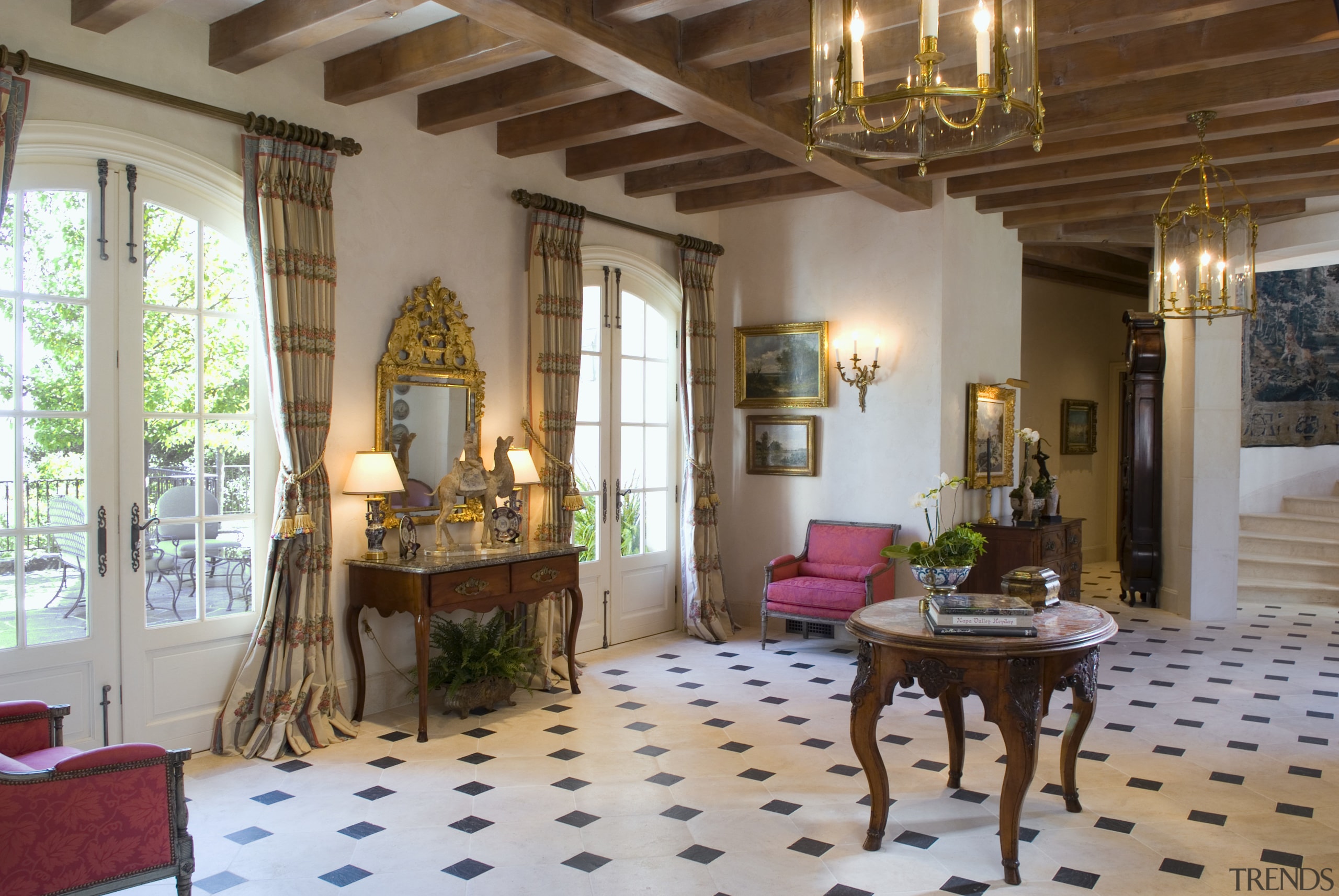 View of entrance hall, ceiling beams, drapes, marble ceiling, estate, hacienda, interior design, living room, property, real estate, room, brown, gray