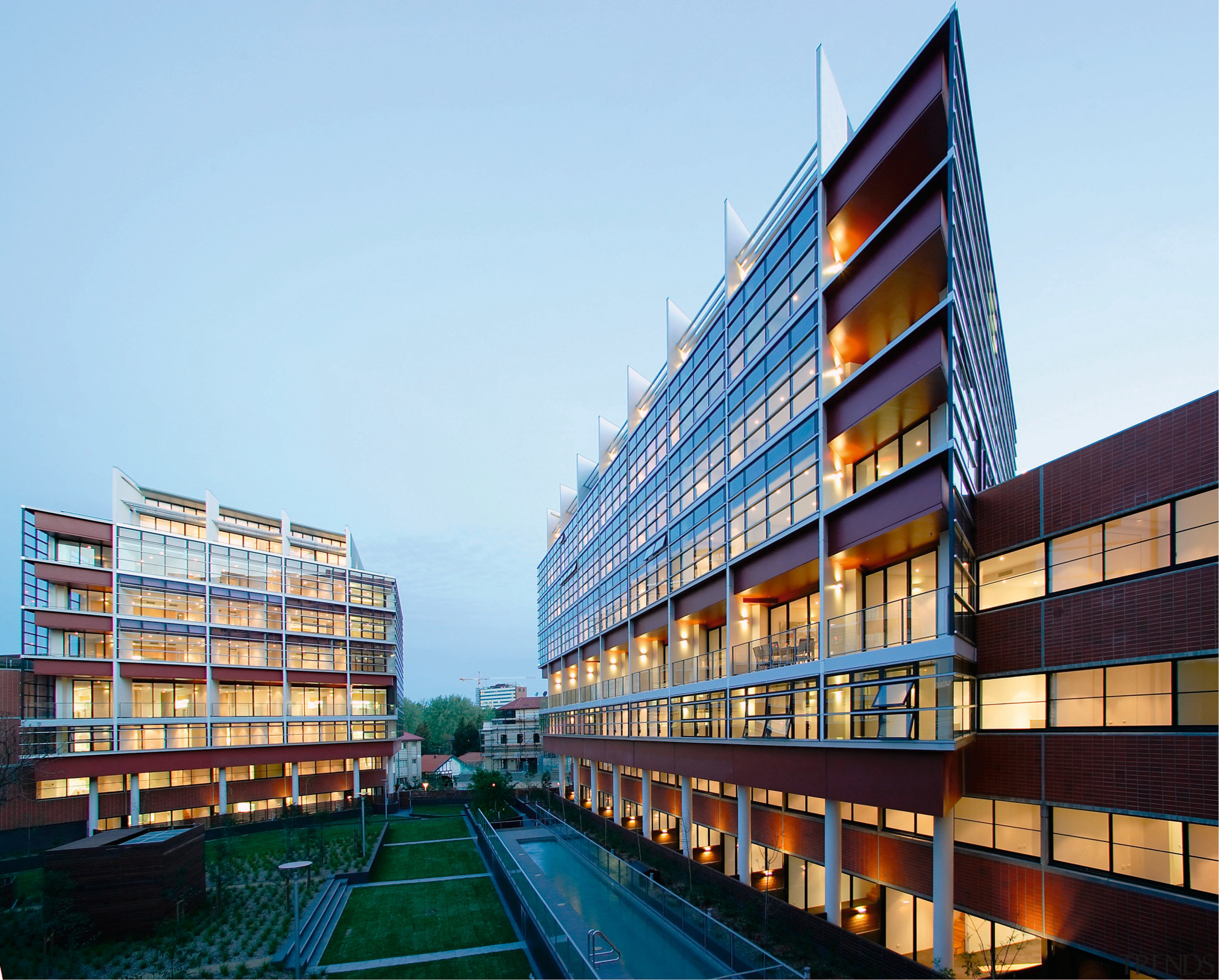Exterior view of the Capella Apartments in Sydney apartment, architecture, building, commercial building, condominium, corporate headquarters, facade, headquarters, metropolitan area, mixed use, real estate, sky, teal
