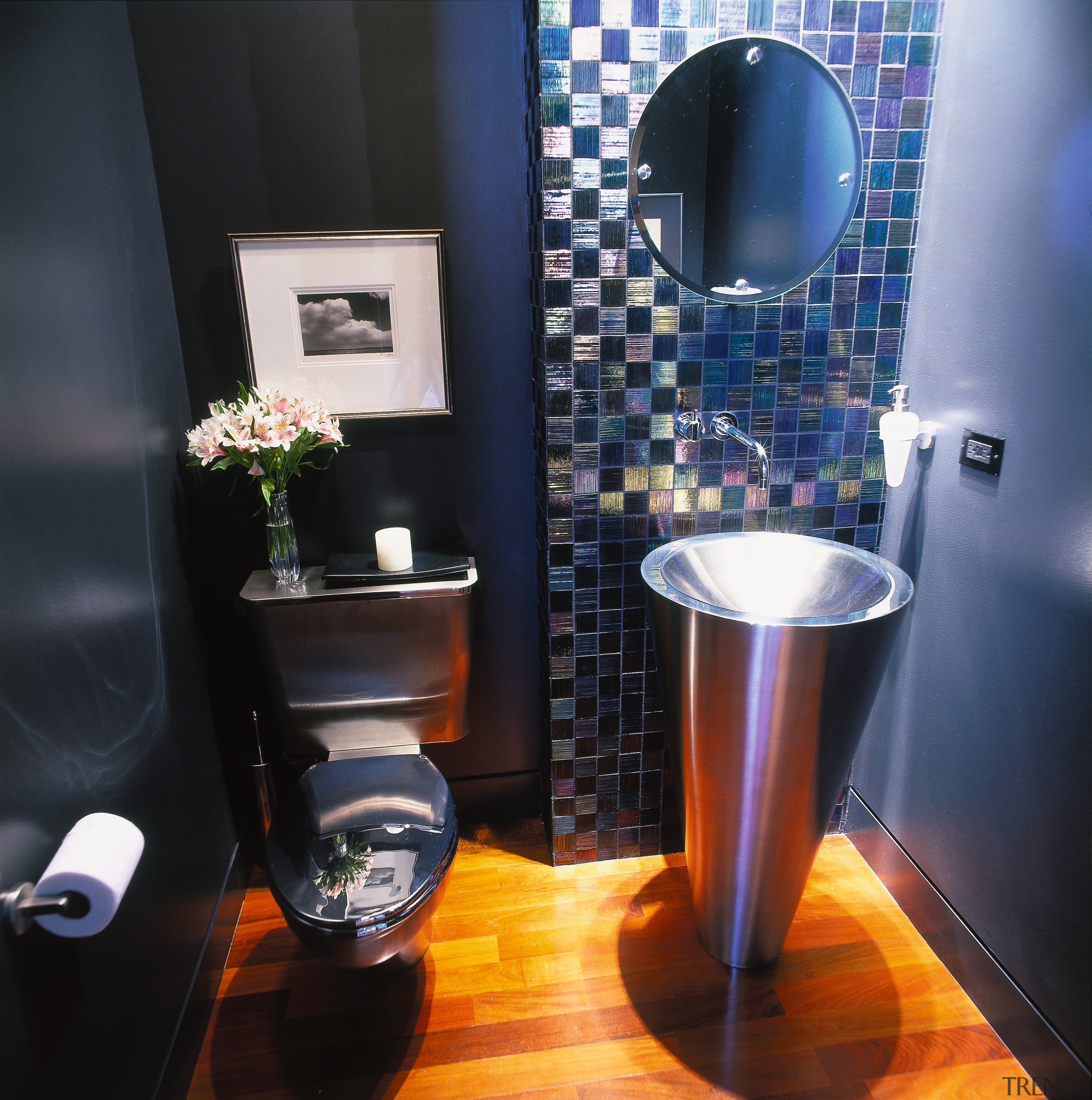 A view of a bathroom, wooden flooring, blue bathroom, interior design, plumbing fixture, room, toilet, black