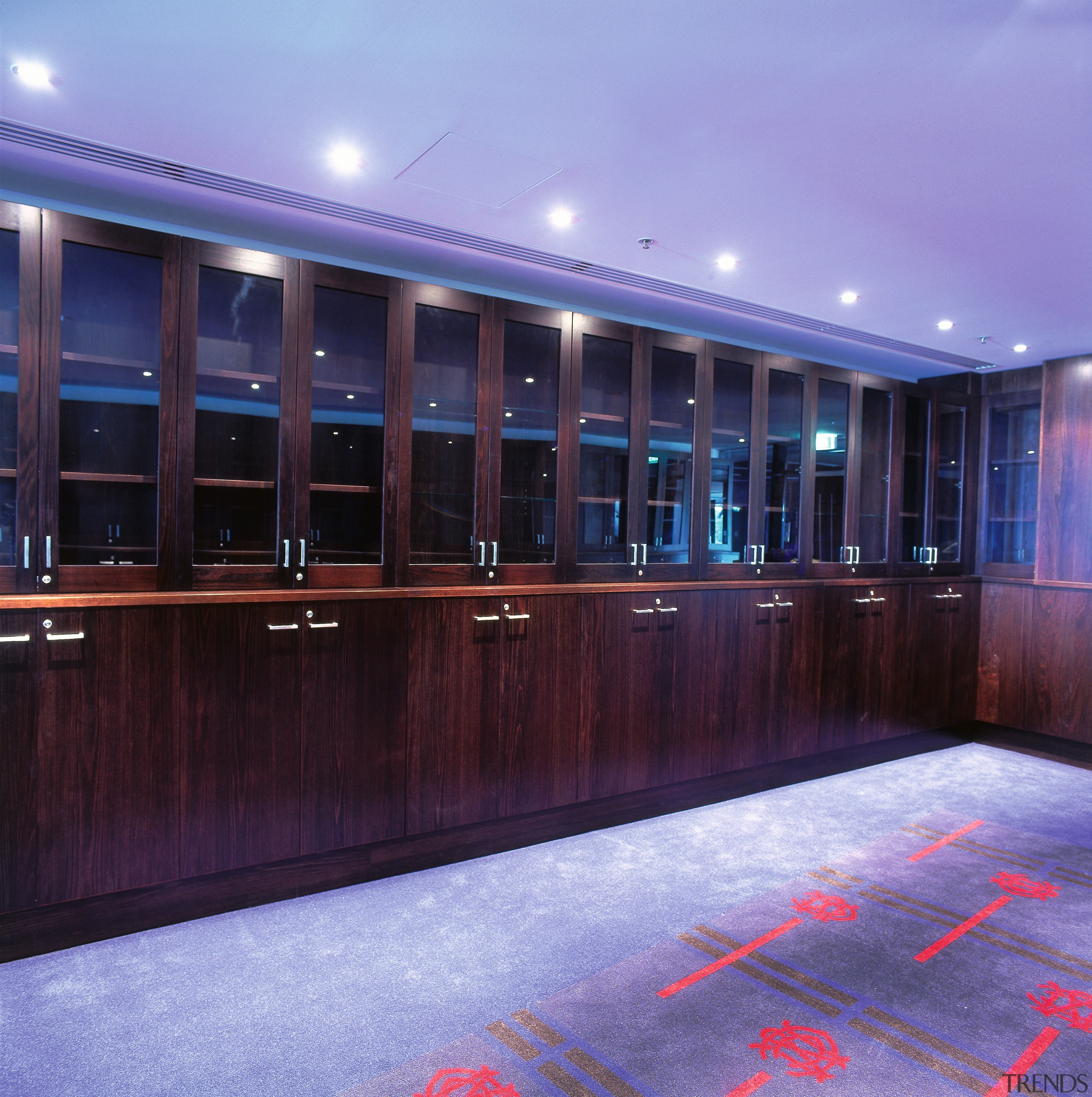 Room with dark timber cabinets along walls. - light, lighting, blue