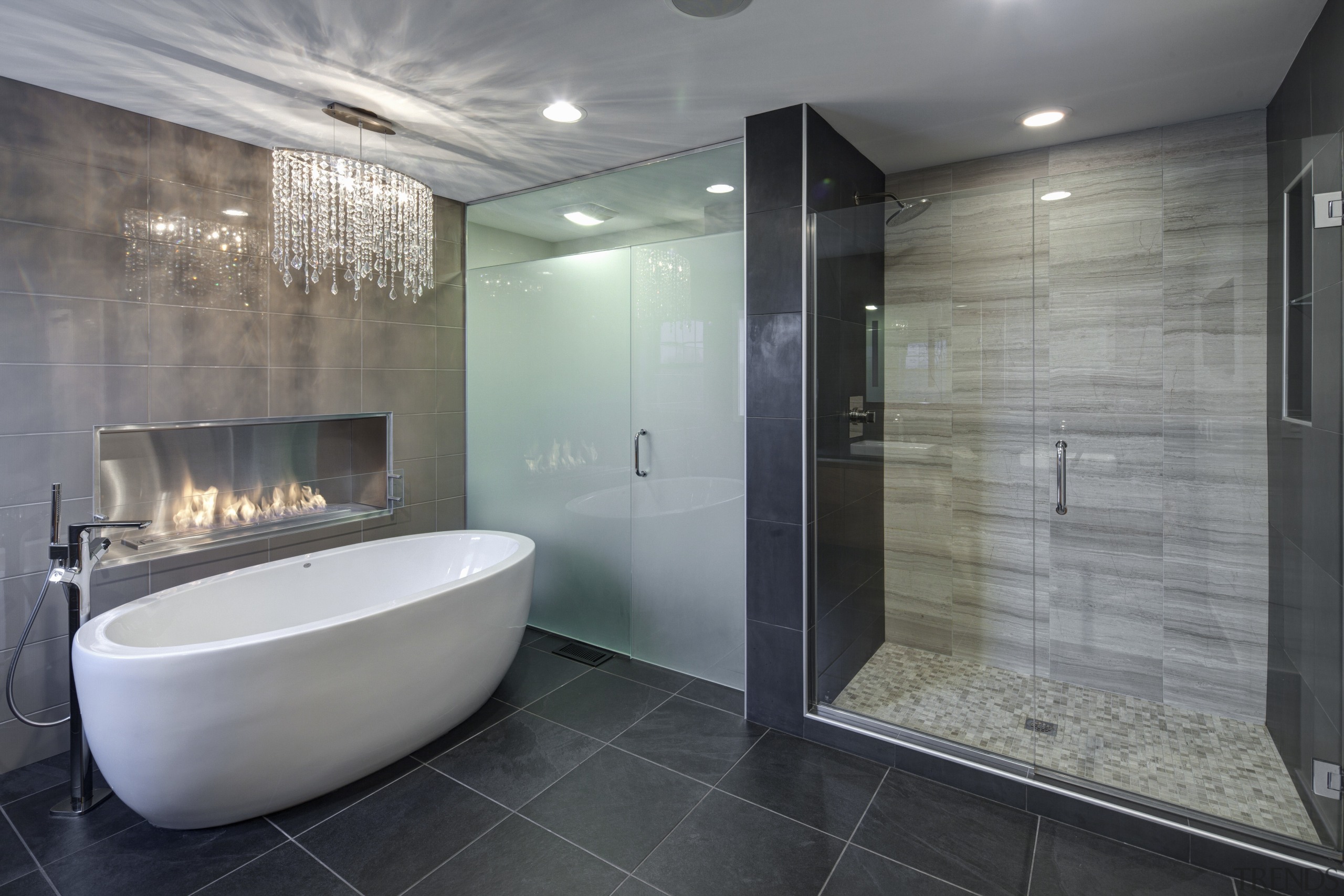 With glittering reflections, dancing flames and smooth textures, architecture, bathroom, floor, flooring, interior design, property, real estate, room, tile, gray, black