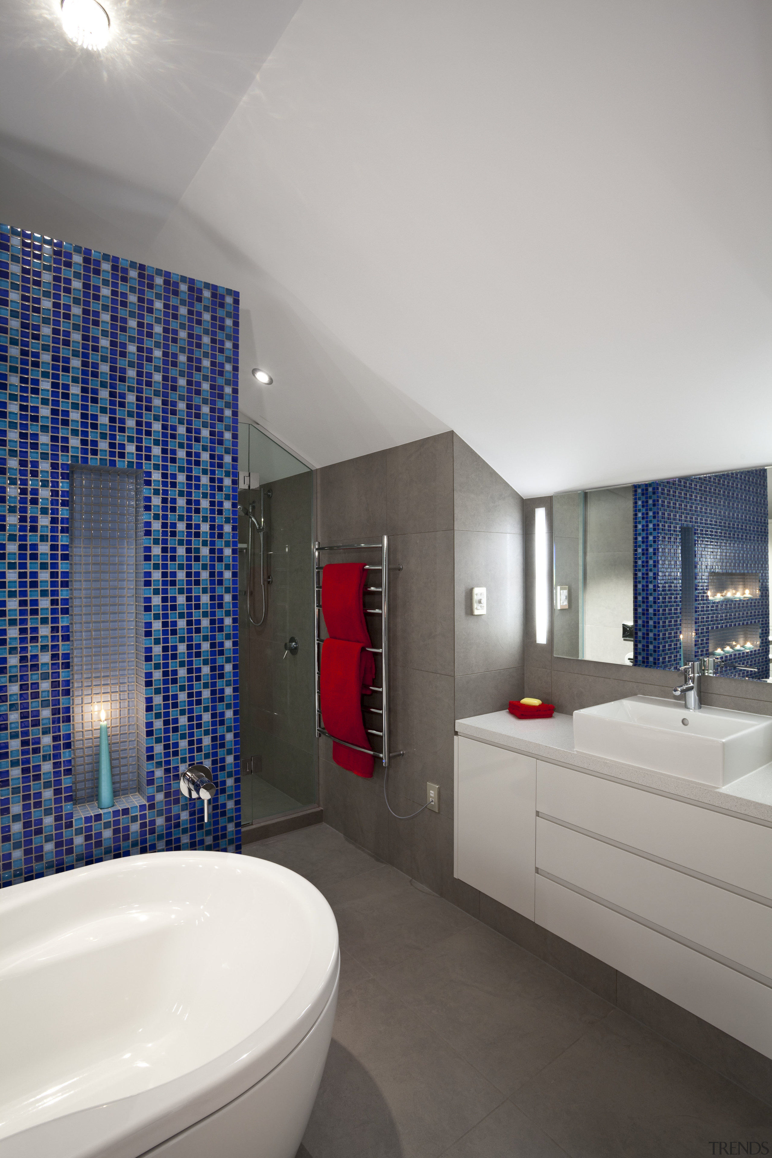 View of contemporary bedroom with ensuite featuring blue architecture, bathroom, ceiling, interior design, room, gray