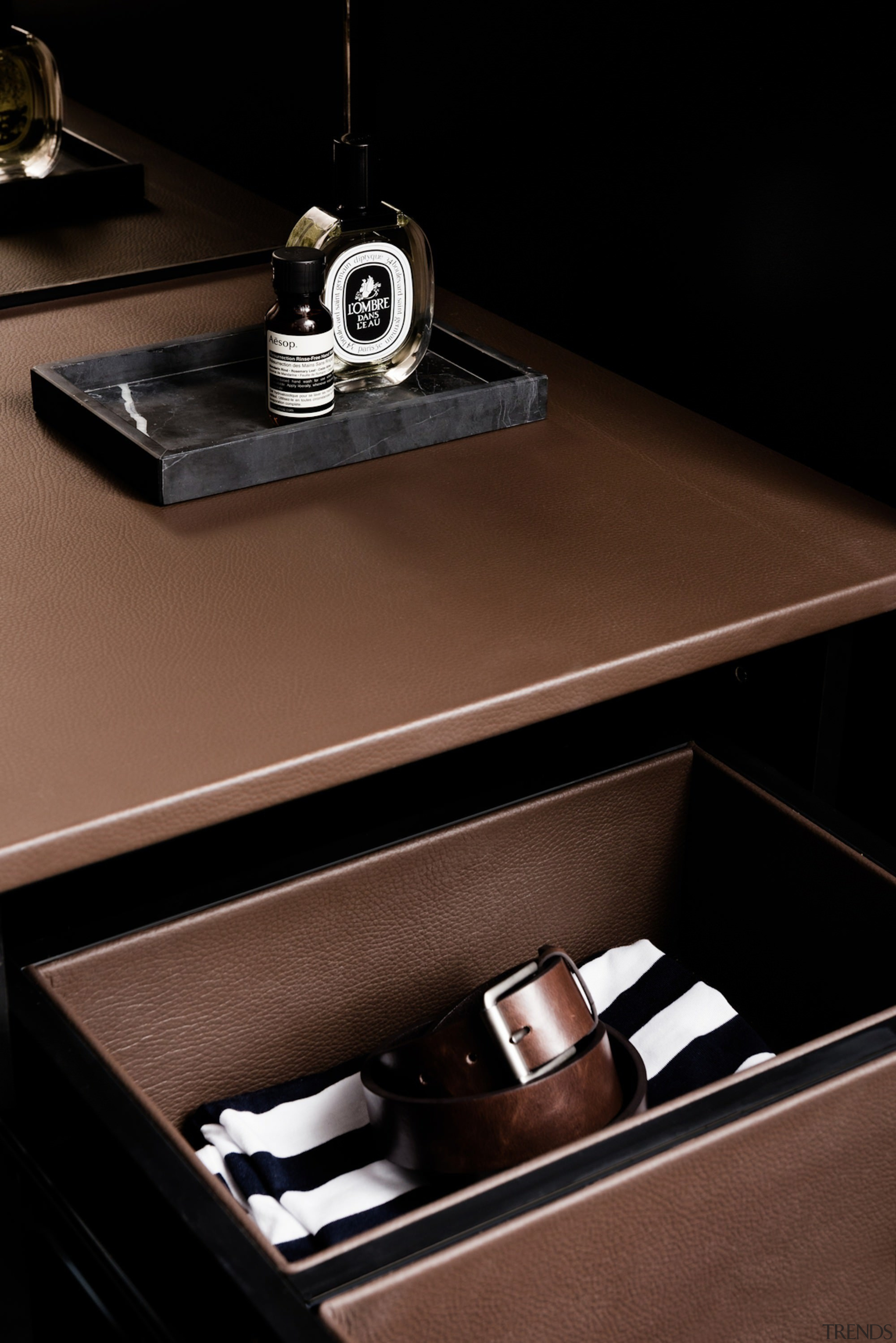 Storage in the walk-in wardrobe - Storage in furniture, product design, table, black, brown