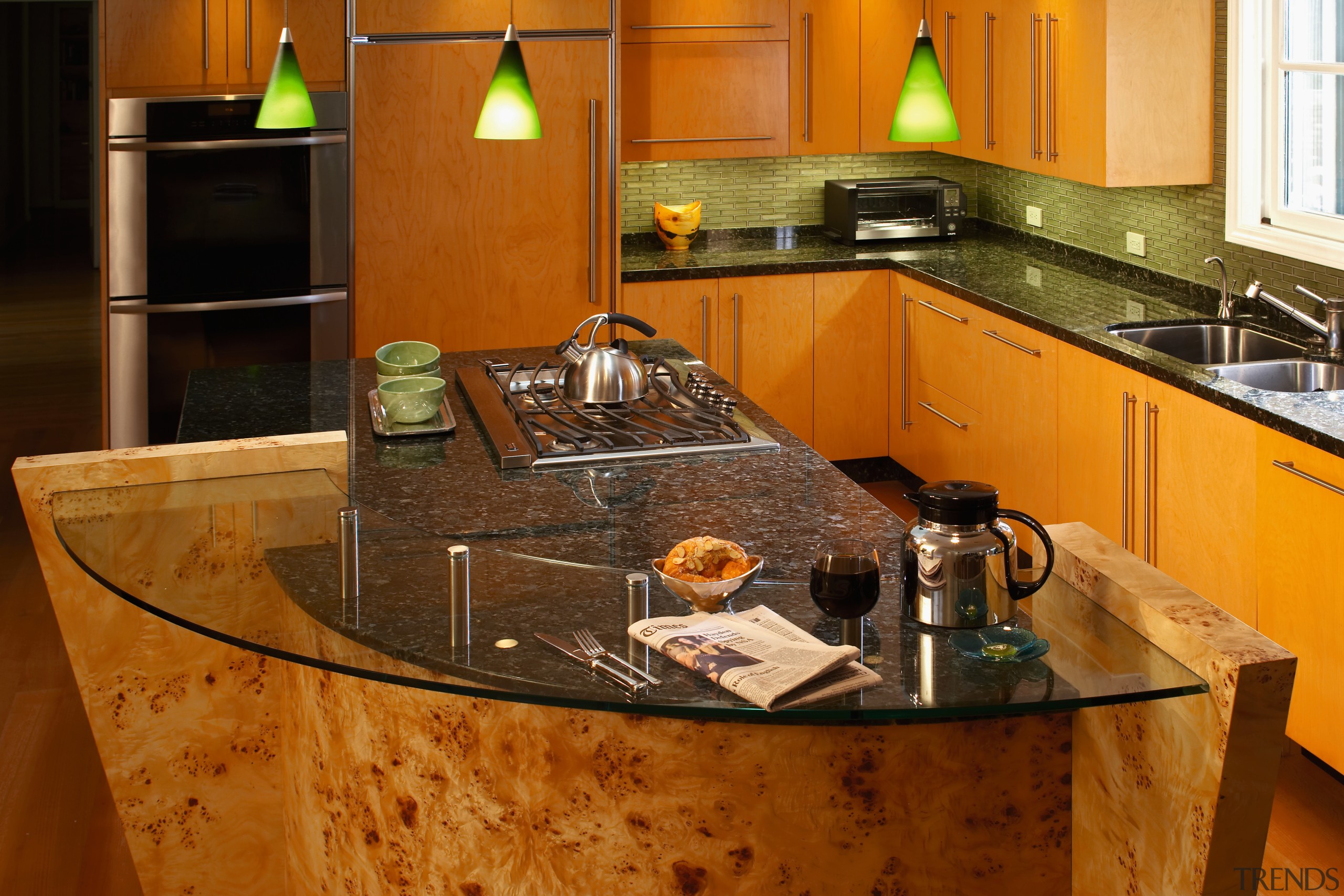 The focal point of this kitchen is the countertop, interior design, kitchen, room, under cabinet lighting, brown