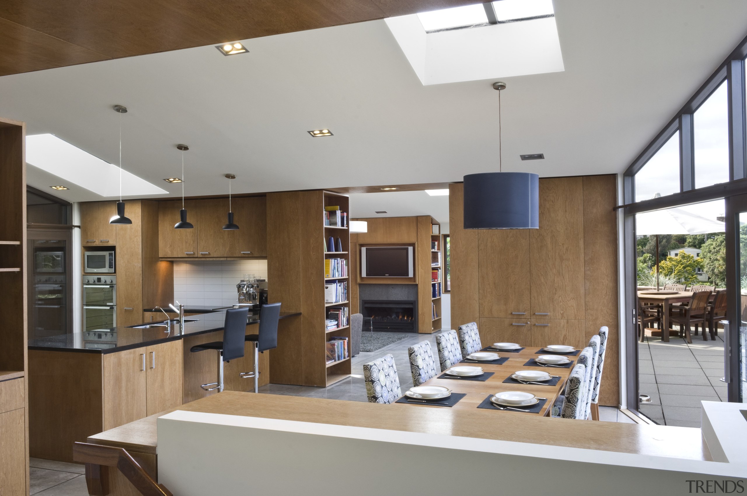 View of open-plan kitchen and dining area with architecture, countertop, daylighting, house, interior design, kitchen, real estate, gray, brown