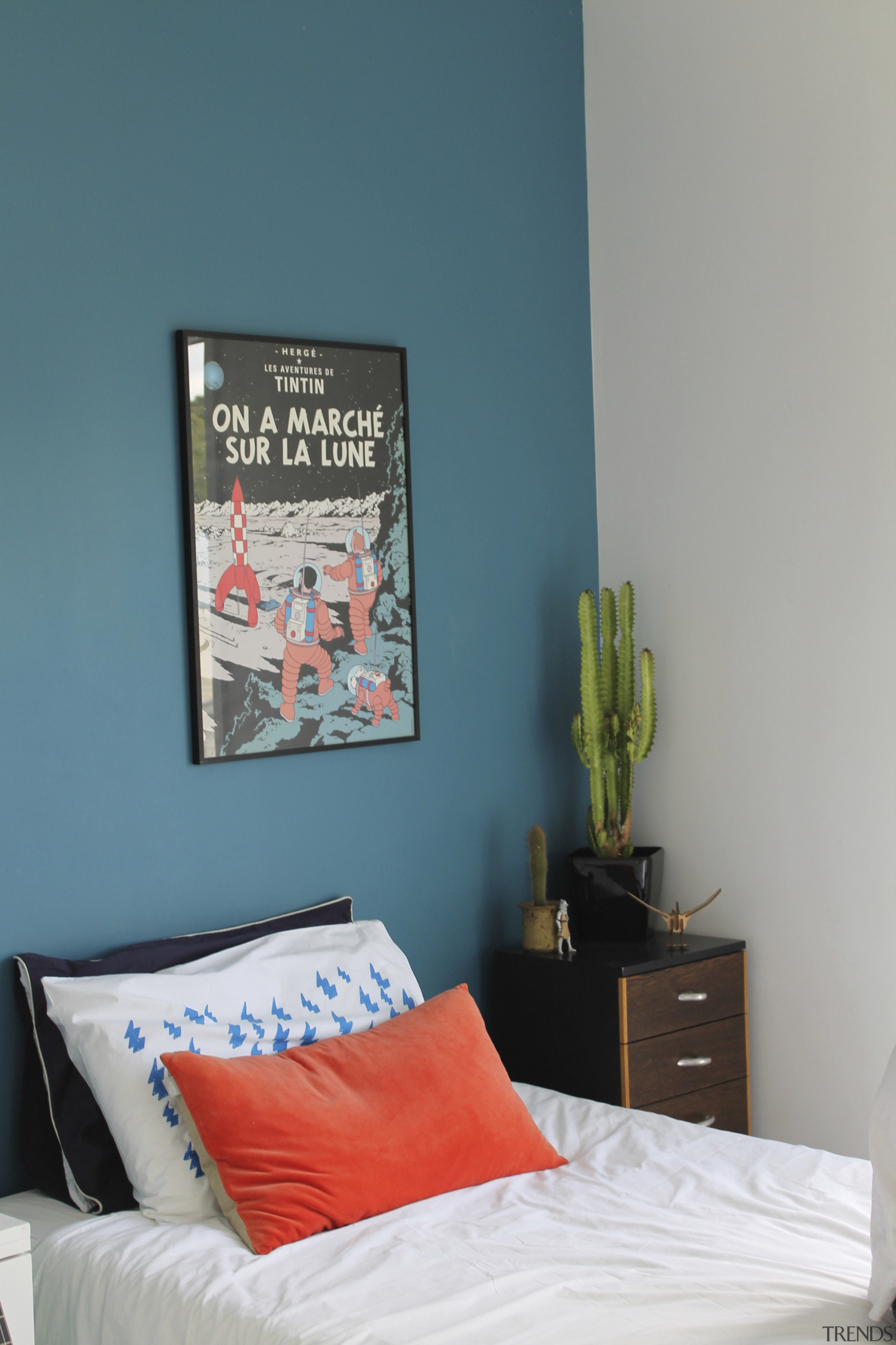 Serene colours flow one to the next in bedroom, furniture, home, interior design, room, wall, teal, gray