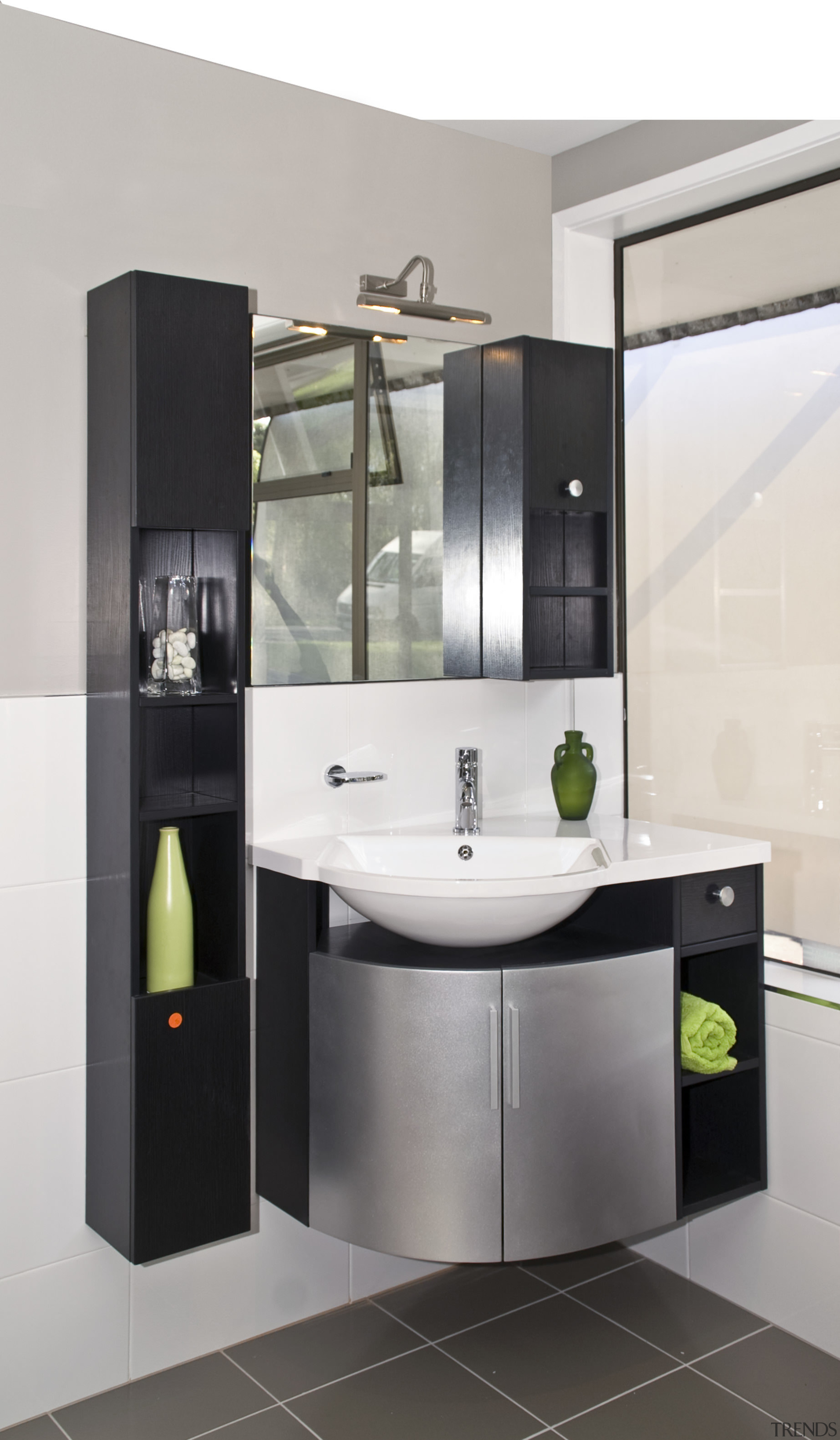 Image of one of the bathroom showrooms at bathroom, bathroom accessory, bathroom cabinet, interior design, kitchen, product design, sink, white