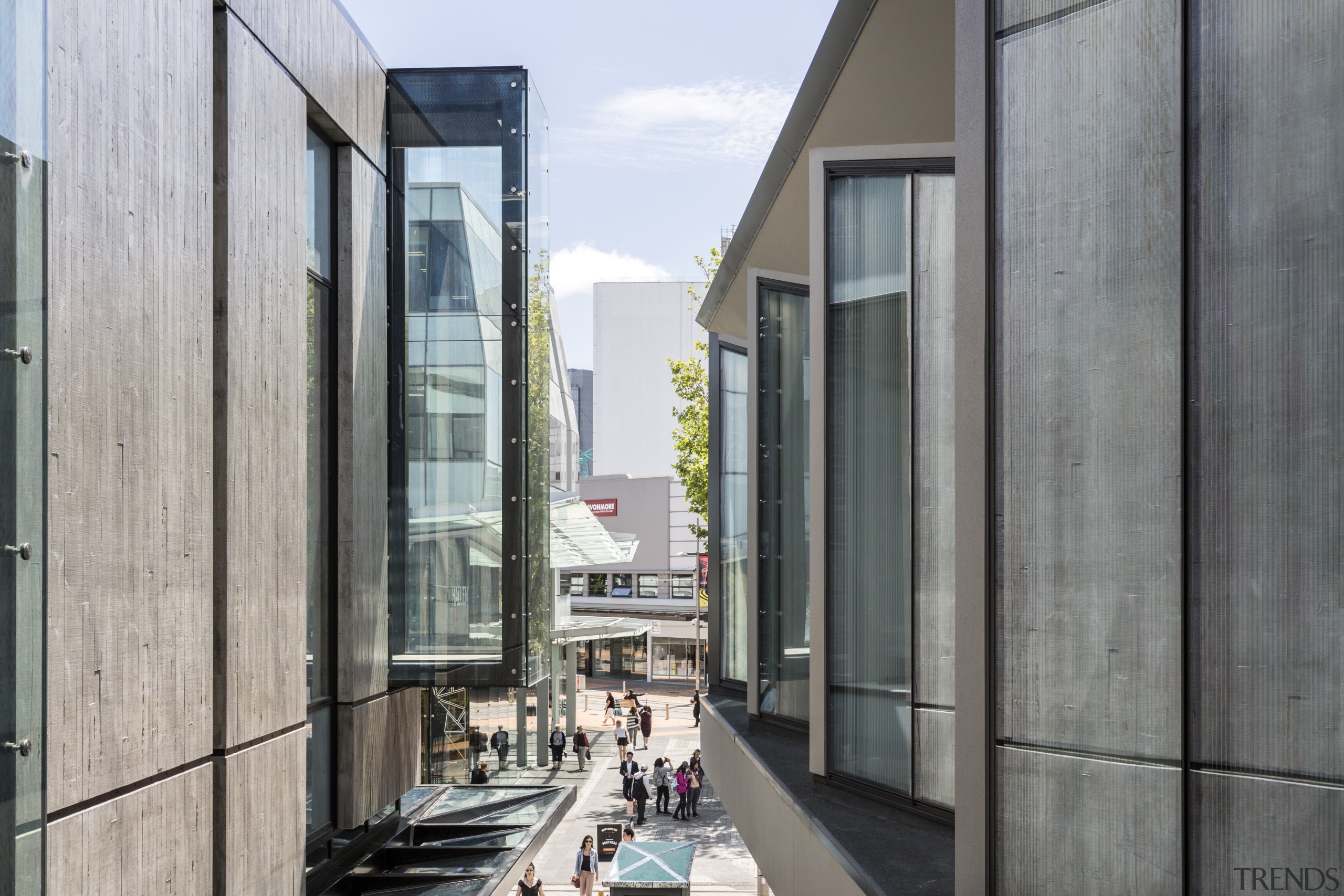 Tall glass boxes provide dramatic display windows at architecture, building, gray