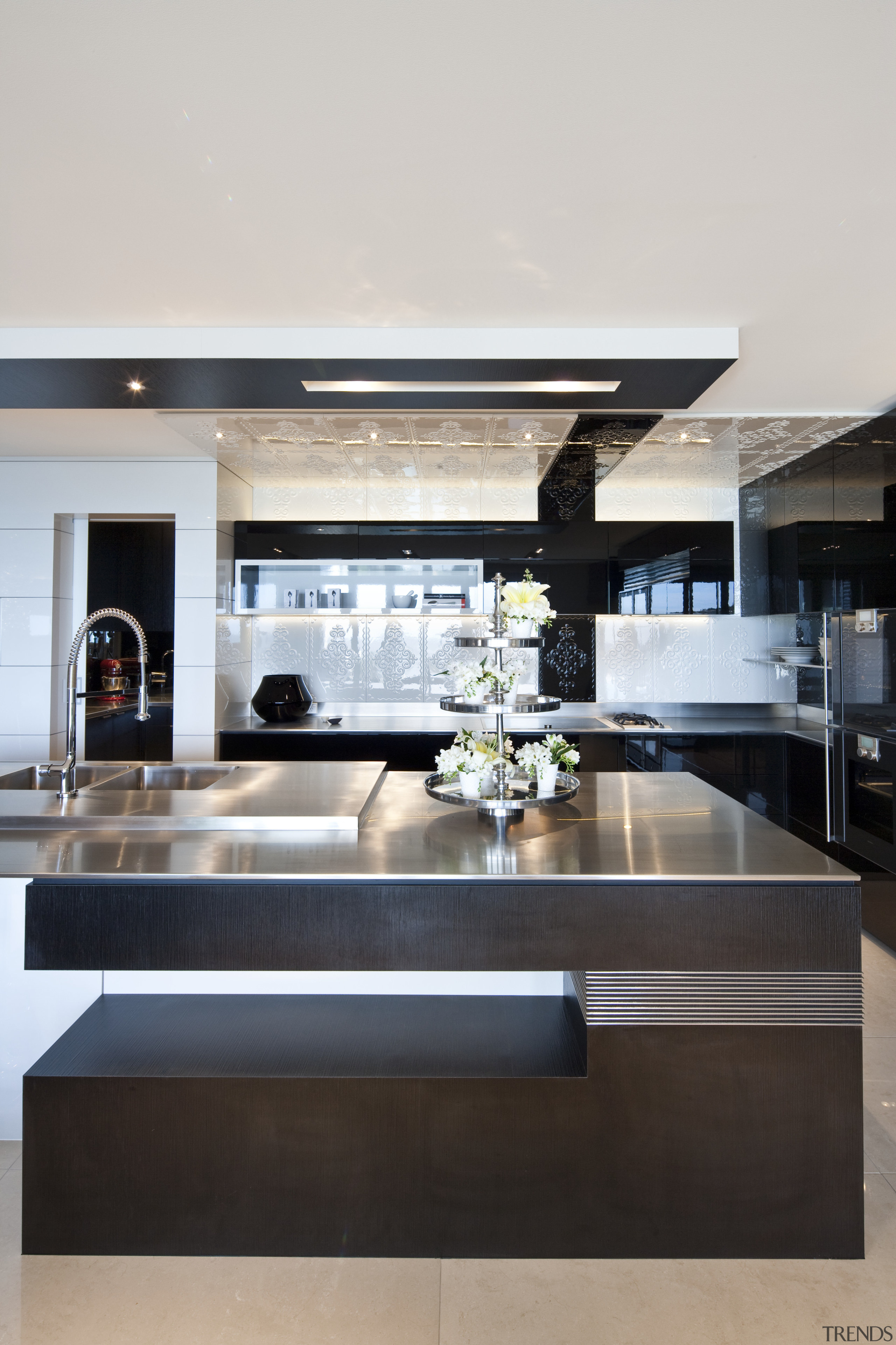View of modern kitchen - View of modern countertop, furniture, interior design, kitchen, table, gray, black