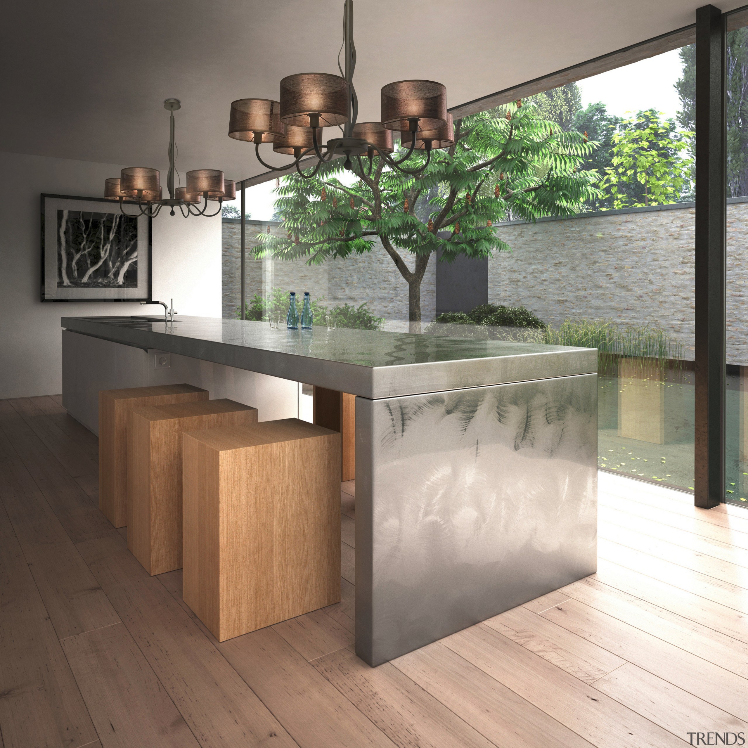 View of contemporary kitchen with lights by Lighthouse countertop, floor, flooring, furniture, hardwood, interior design, kitchen, product design, table, wood