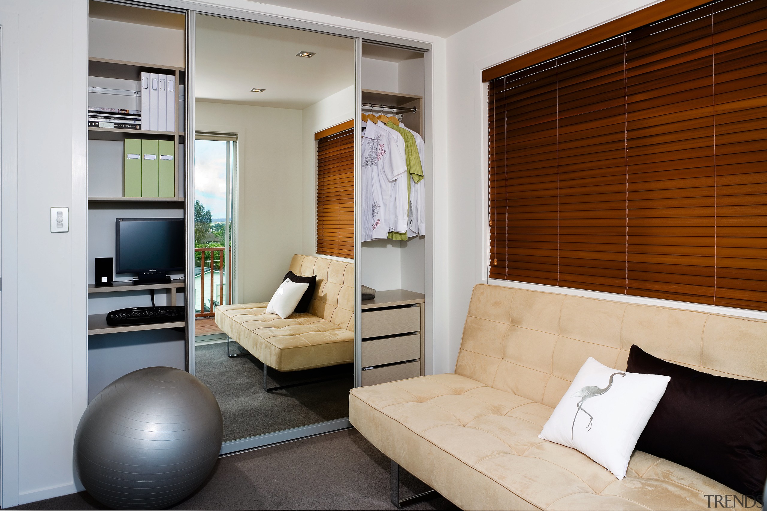 A view of this modern retro bedroom designed interior design, living room, room, suite, window, window covering, window treatment, gray