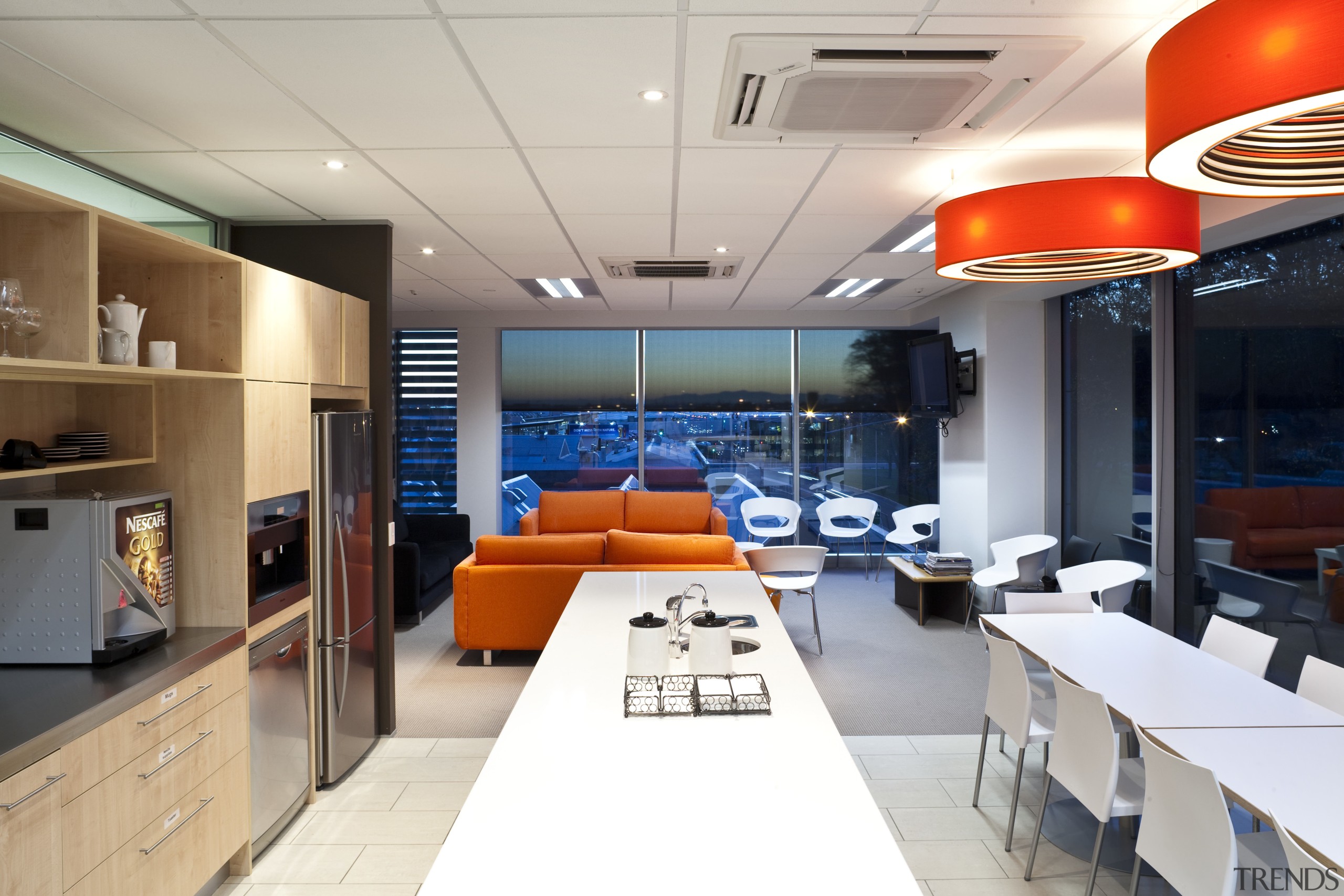 Kitchen area with sleek interior design - Kitchen ceiling, interior design, white