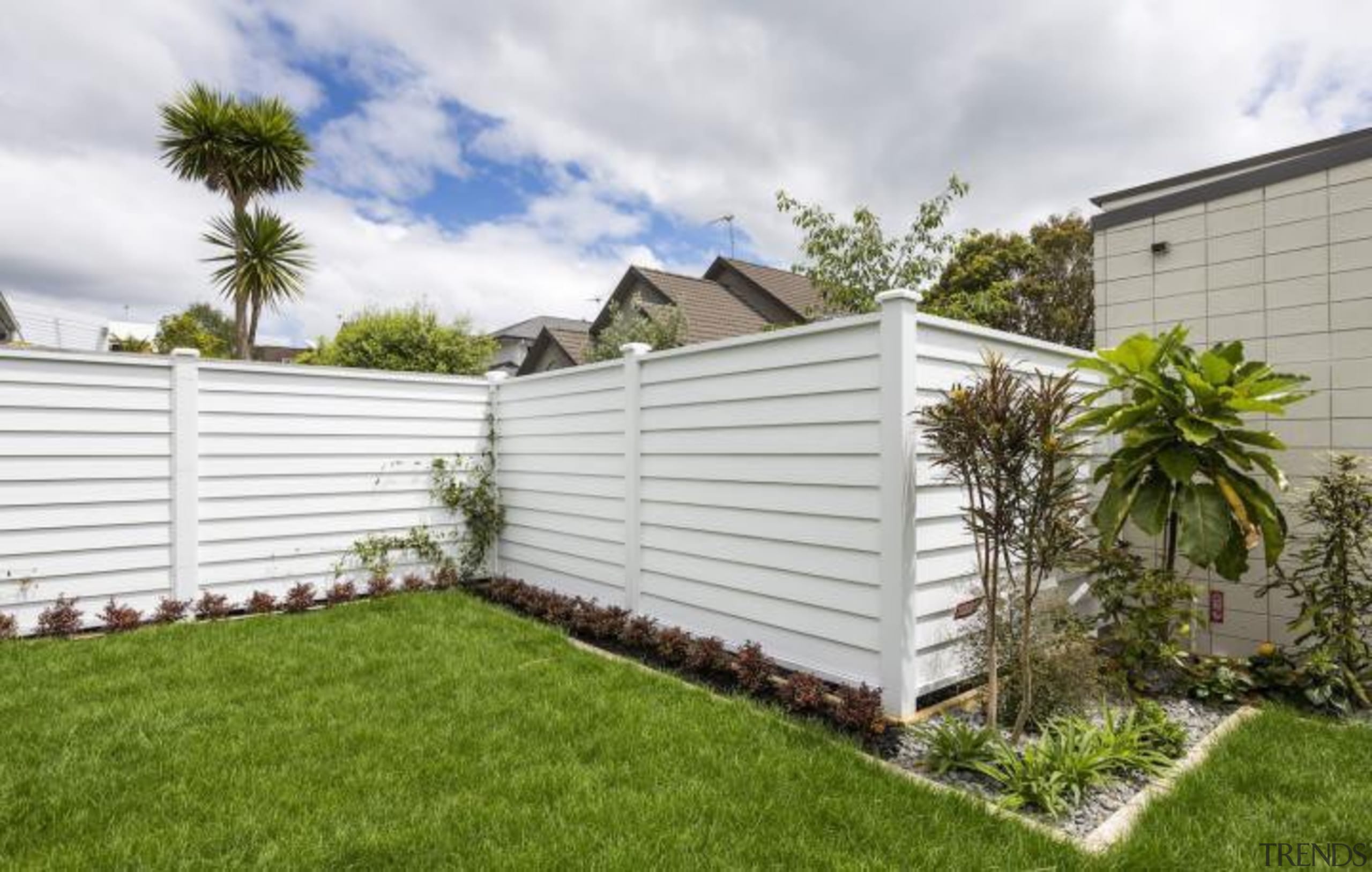 Simpler. Faster. Proven Weathertight. - A-lign Fencing - backyard, facade, fence, garden, grass, home, home fencing, house, landscaping, lawn, outdoor structure, property, real estate, residential area, siding, yard, white