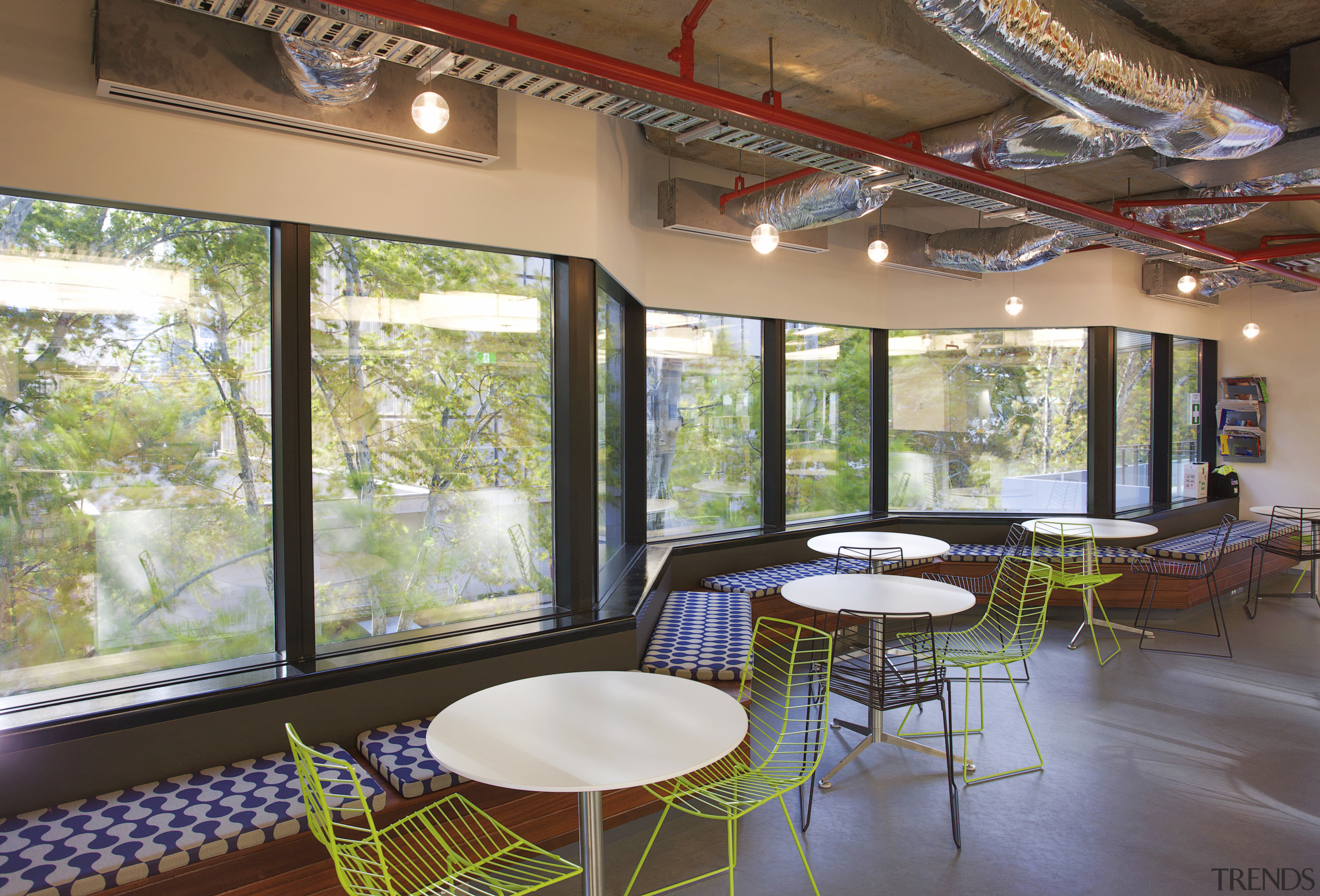 Interior with green wire seats and round tables. home, interior design, real estate, table, window