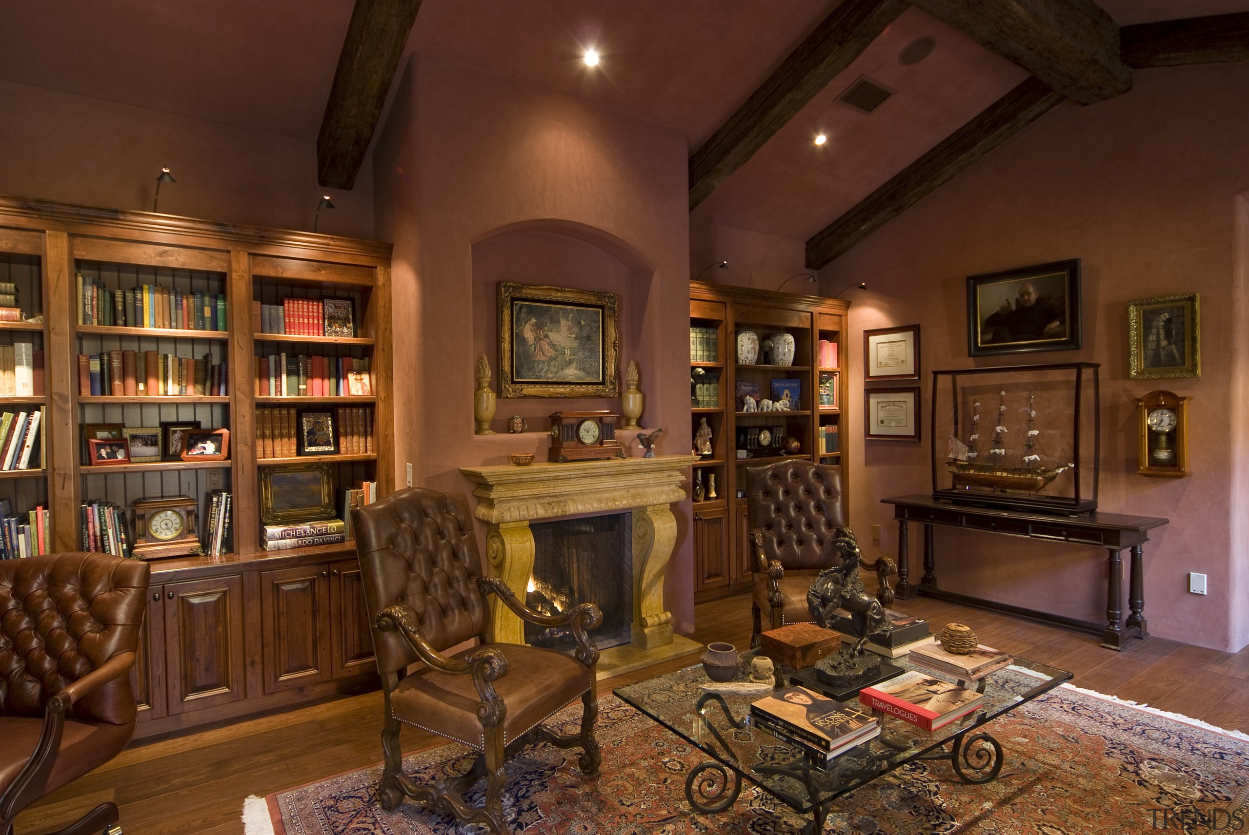 Interior view of the library which features exposed estate, furniture, home, interior design, living room, room, brown, red