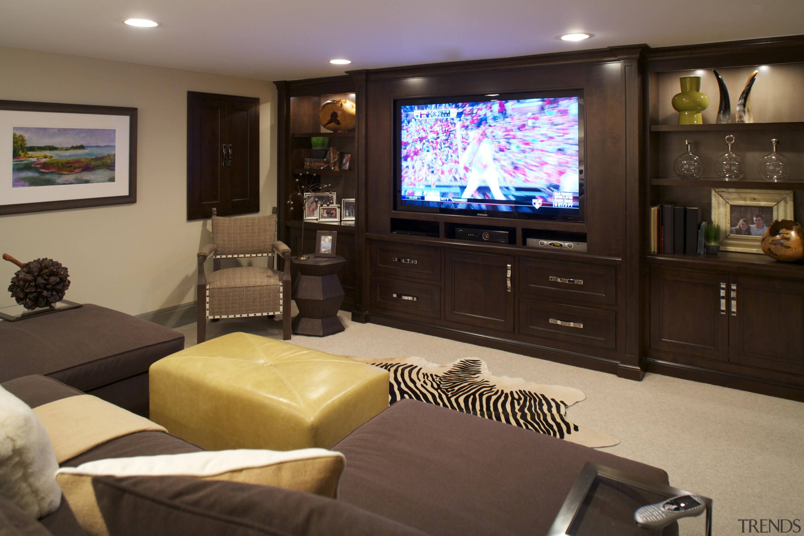 Historic Bungalow Renovation - Basement - Custom  entertainment, interior design, living room, room, black, brown