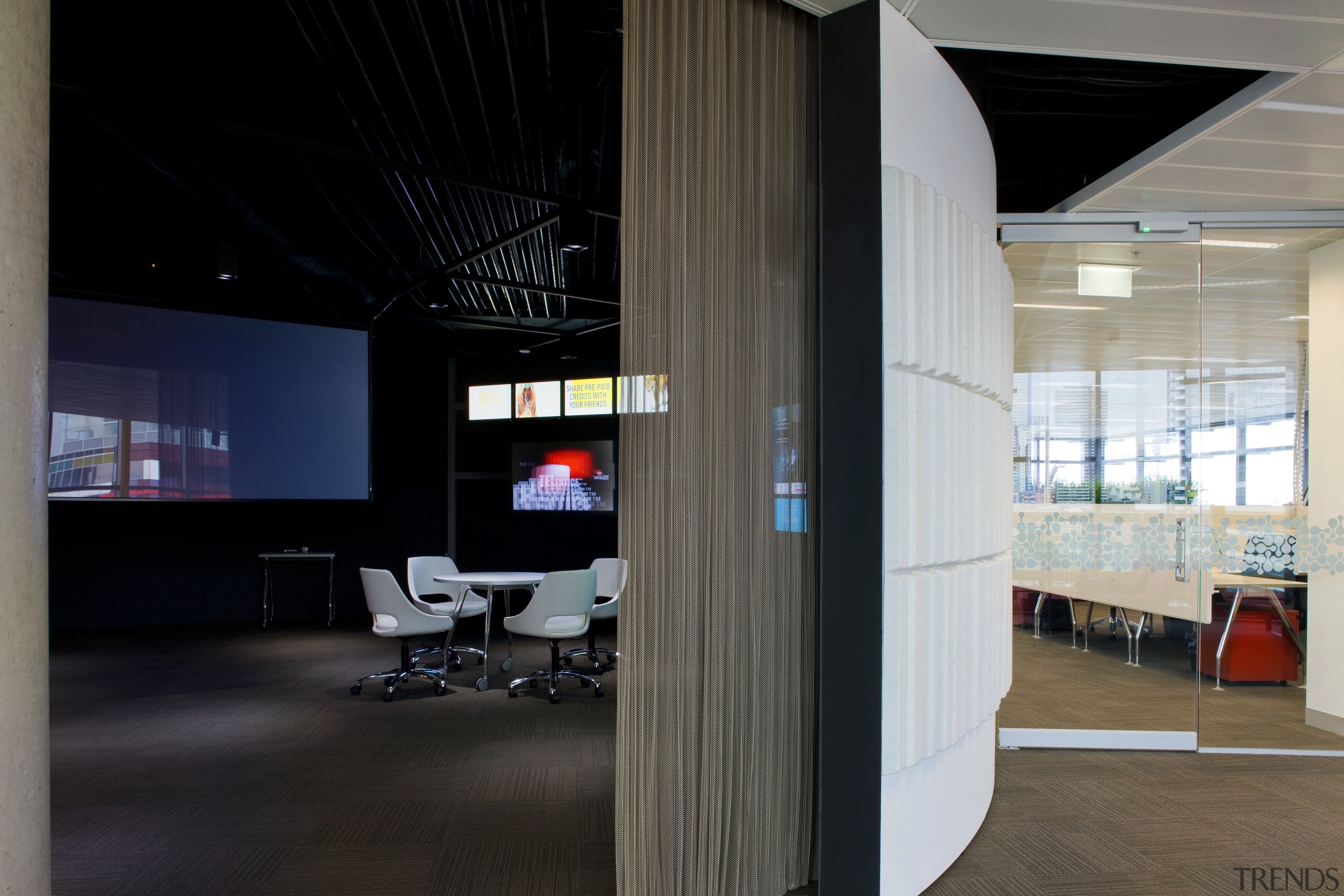 View of the media centre which had black-painted architecture, ceiling, interior design, office, black, gray