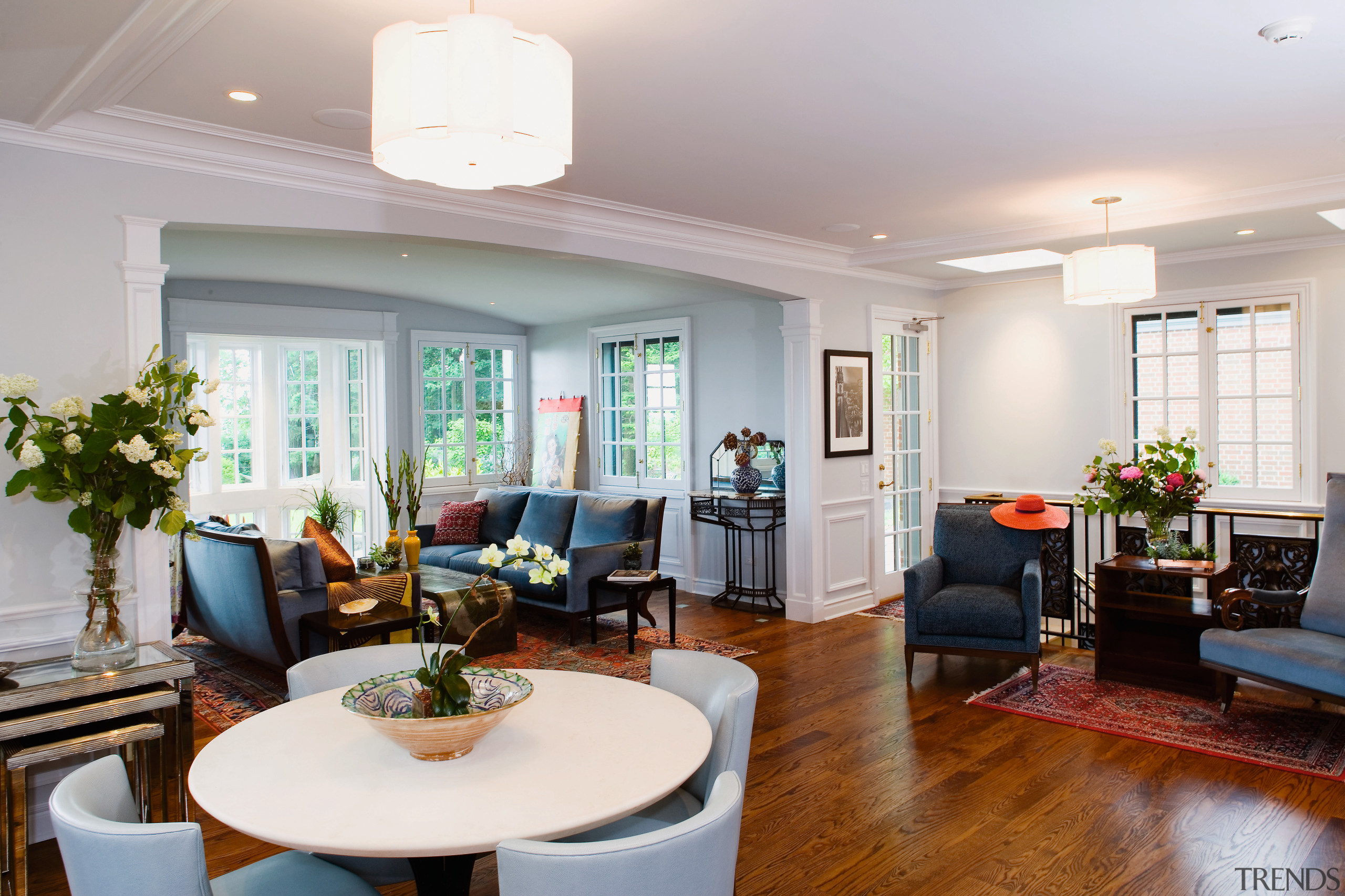 A view of the dining and living areas, ceiling, home, interior design, living room, real estate, room, window, gray