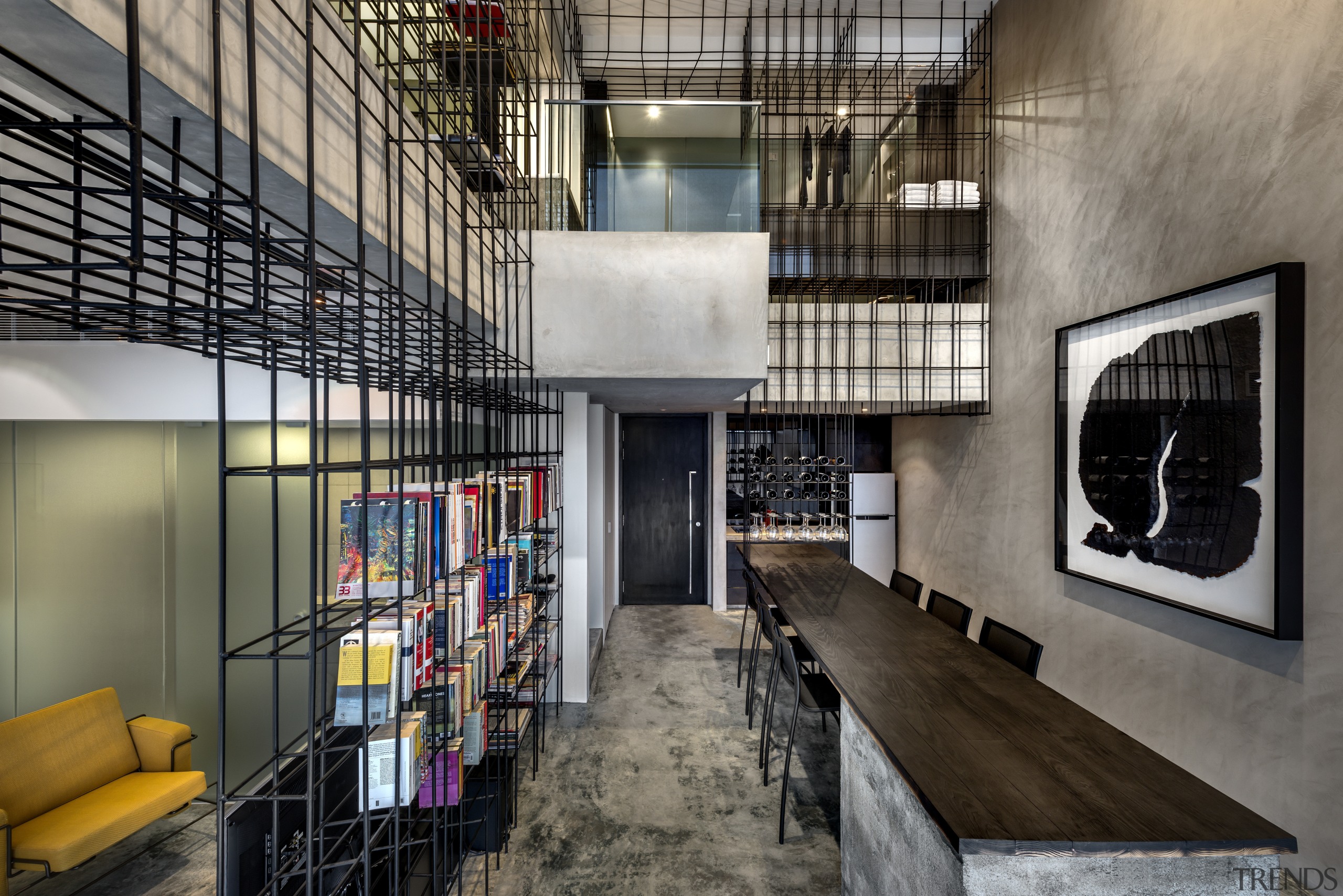 The black steel rods divide the space and architecture, building, interior design, lobby, loft, gray, black