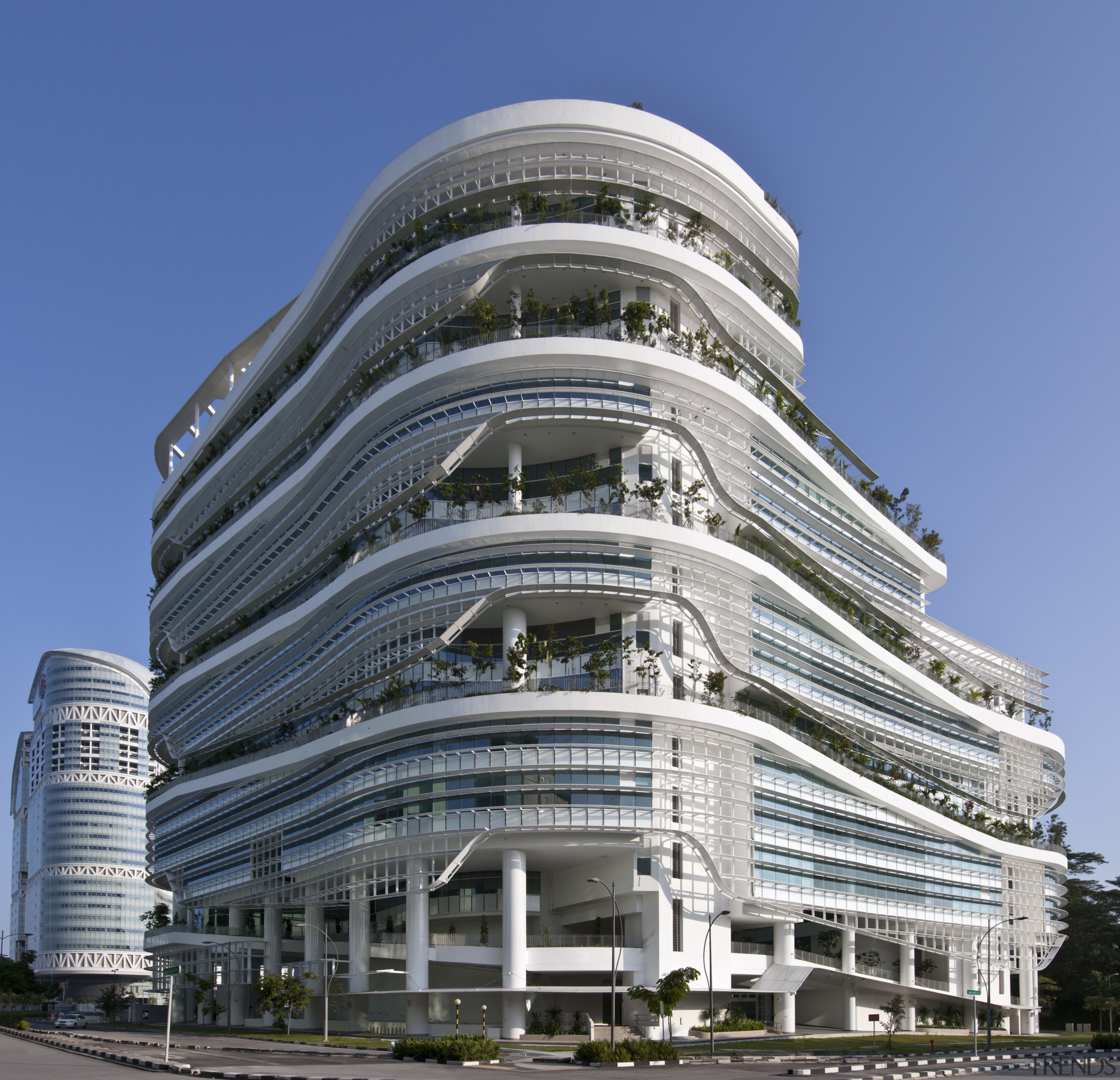 View of Solaris, an ecoskyscraper designed by Ken architecture, building, commercial building, condominium, corporate headquarters, daytime, facade, headquarters, landmark, metropolis, metropolitan area, mixed use, sky, skyscraper, tower block, urban area, blue