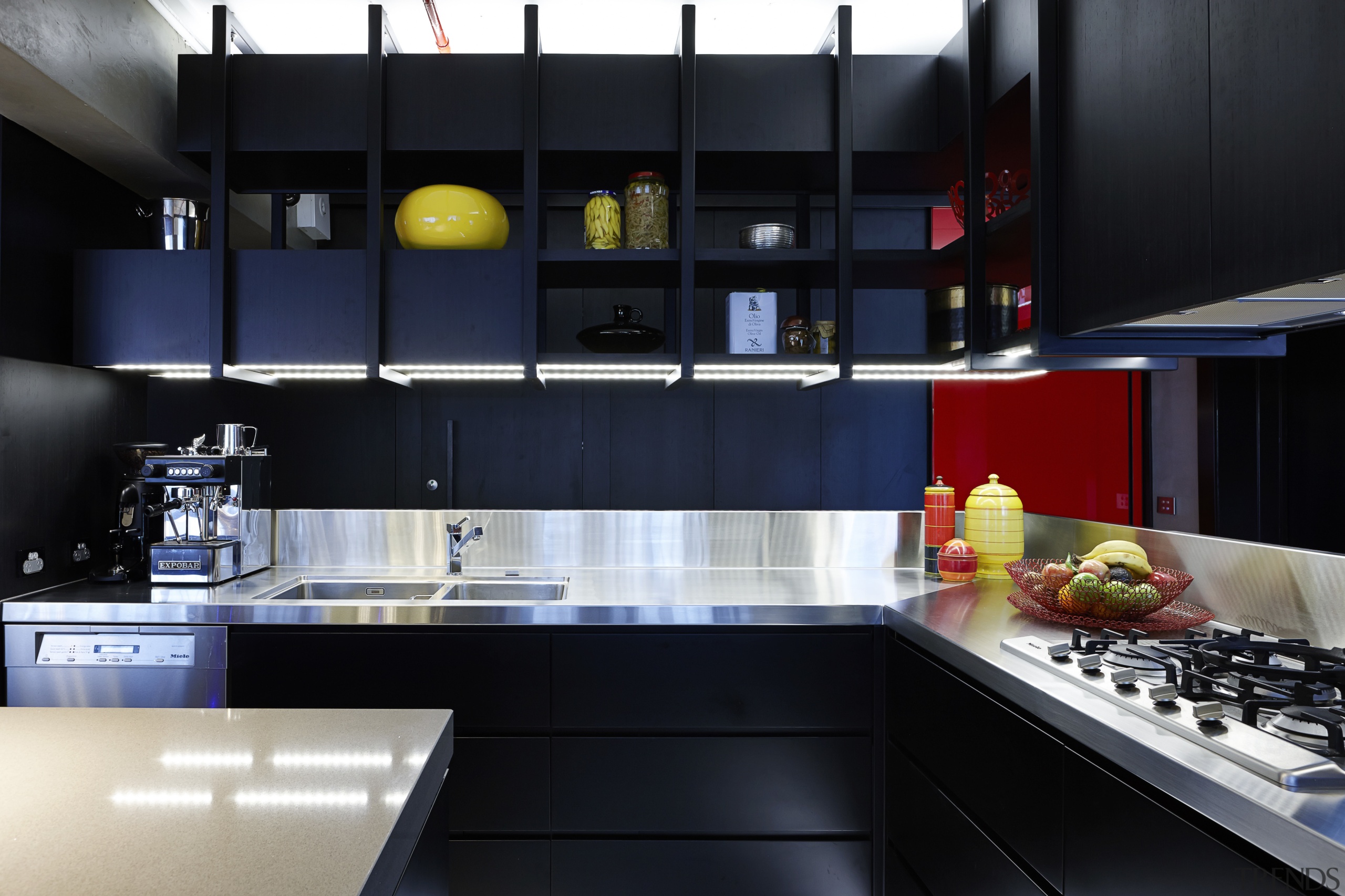 Black powdercoated aluminium ribs support dark veneer shelves countertop, interior design, kitchen, room, black