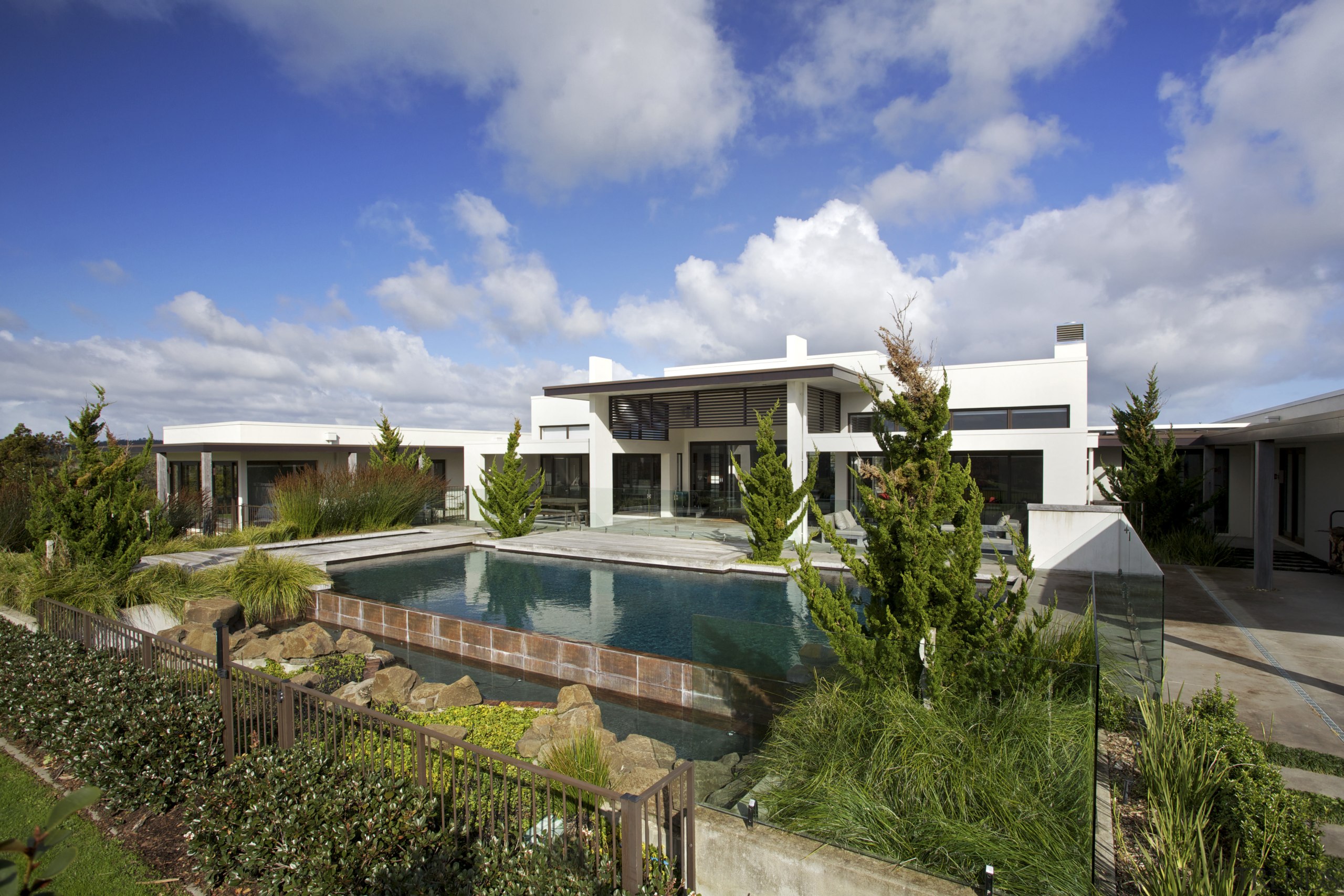 Contemporary outdoor area - Contemporary outdoor area - estate, facade, home, house, property, real estate, residential area, sky, villa, brown