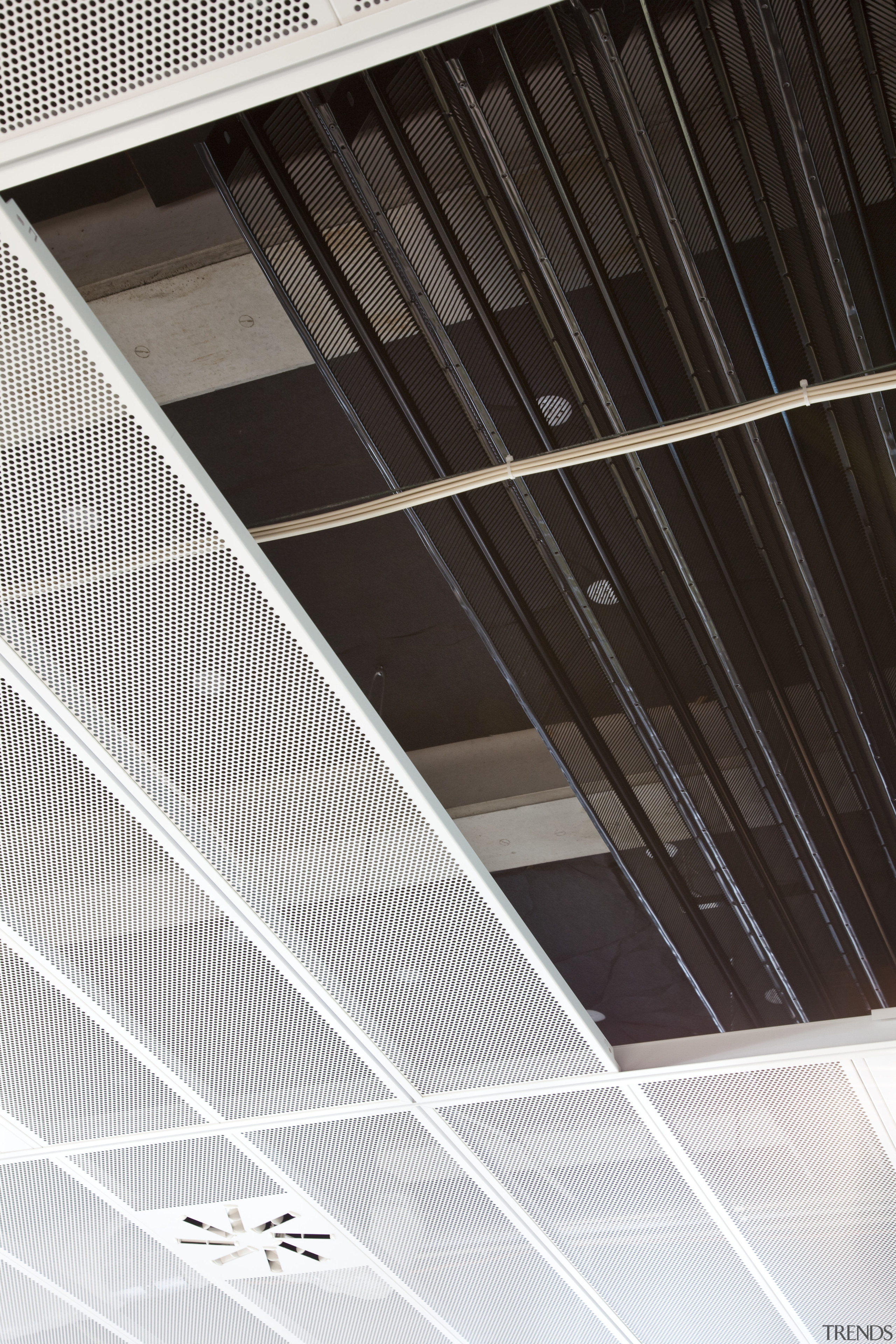 View of the air conditioning systems by Economech angle, architecture, building, ceiling, daylighting, daytime, facade, light, line, mesh, roof, steel, structure, wall, wood, black, white