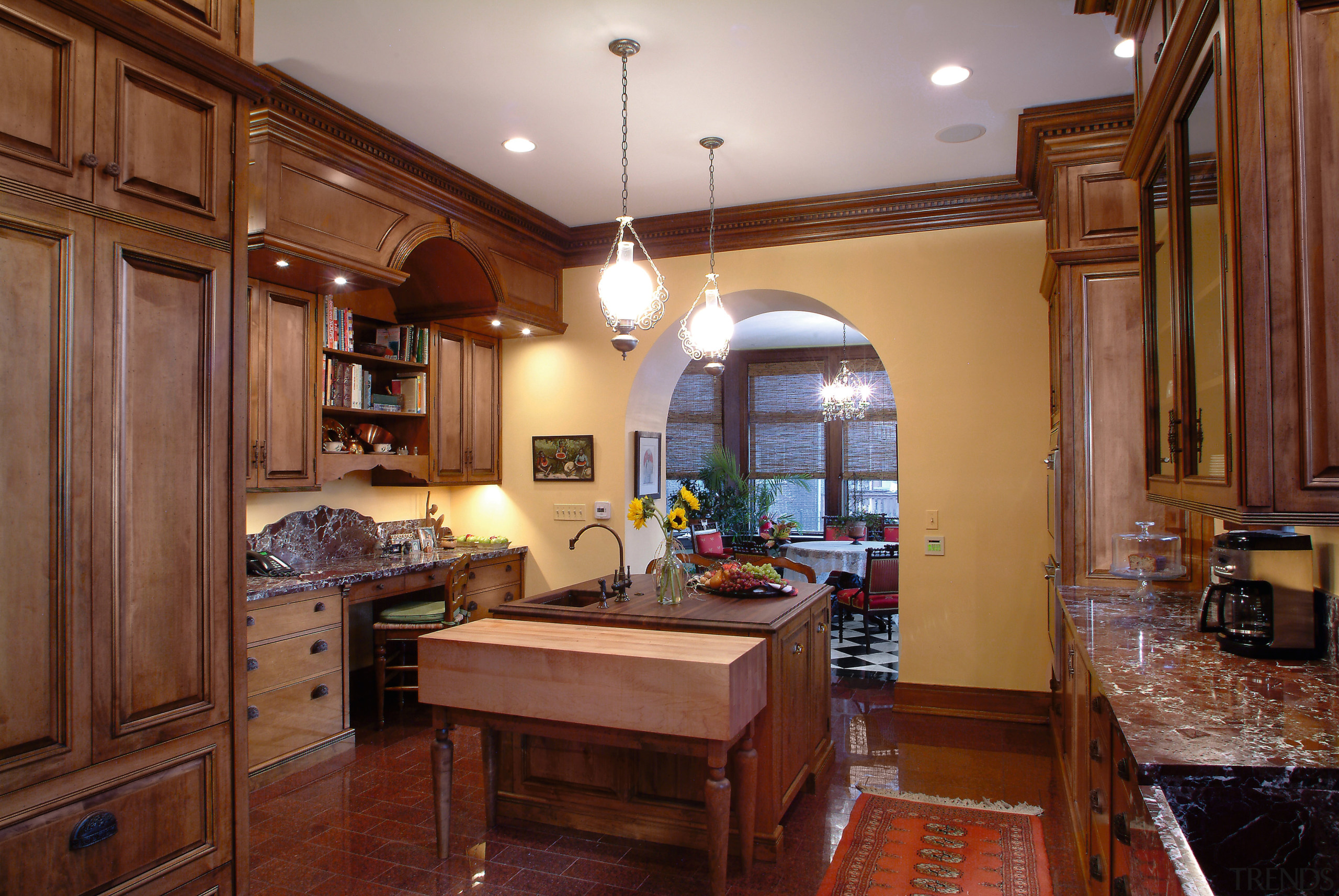 A view of this kitchen features cabinets by cabinetry, ceiling, countertop, cuisine classique, estate, home, interior design, kitchen, real estate, room, brown, red