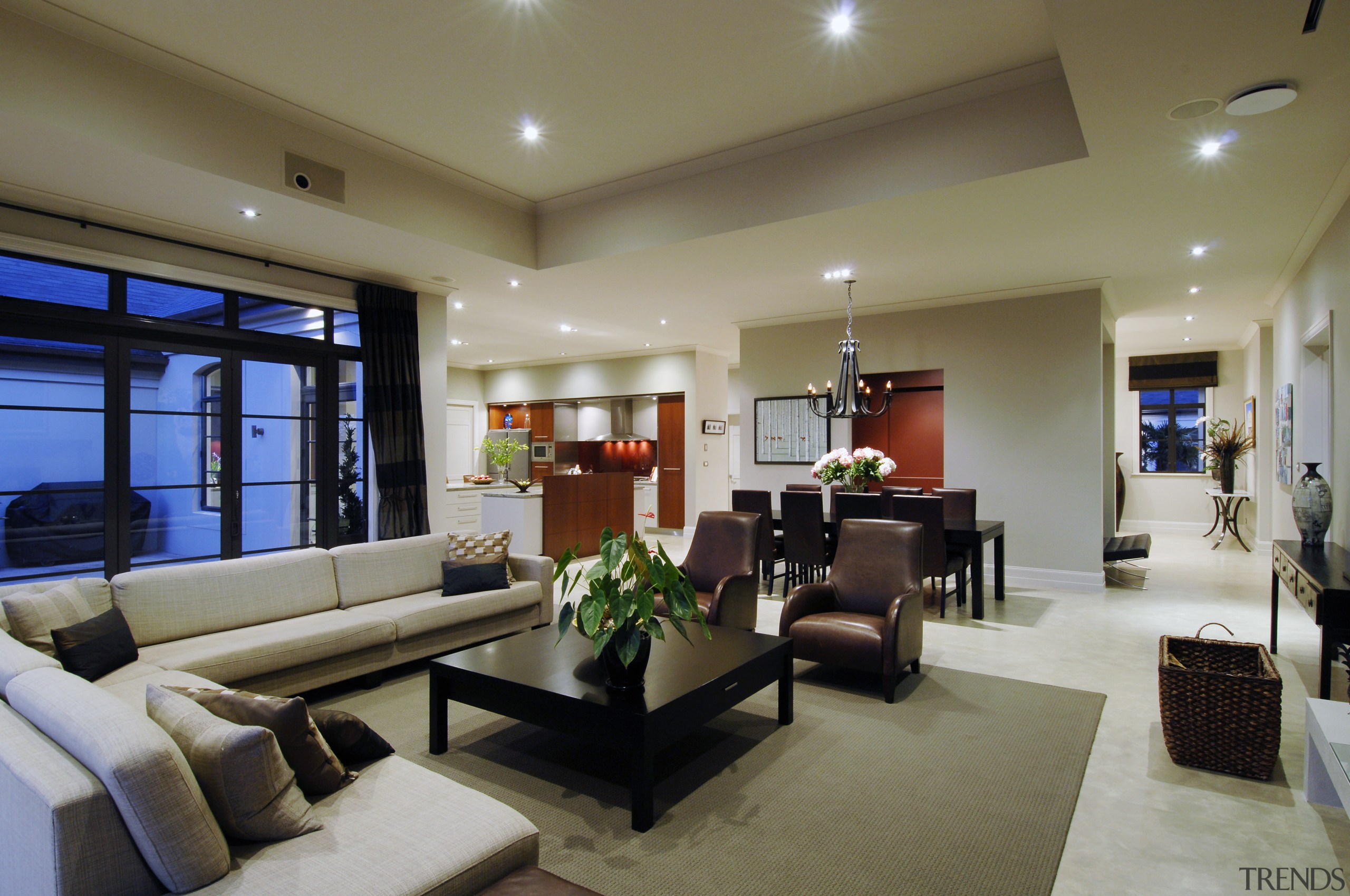 This house was designed by Mark Wilson of ceiling, interior design, living room, lobby, real estate, room, brown, gray