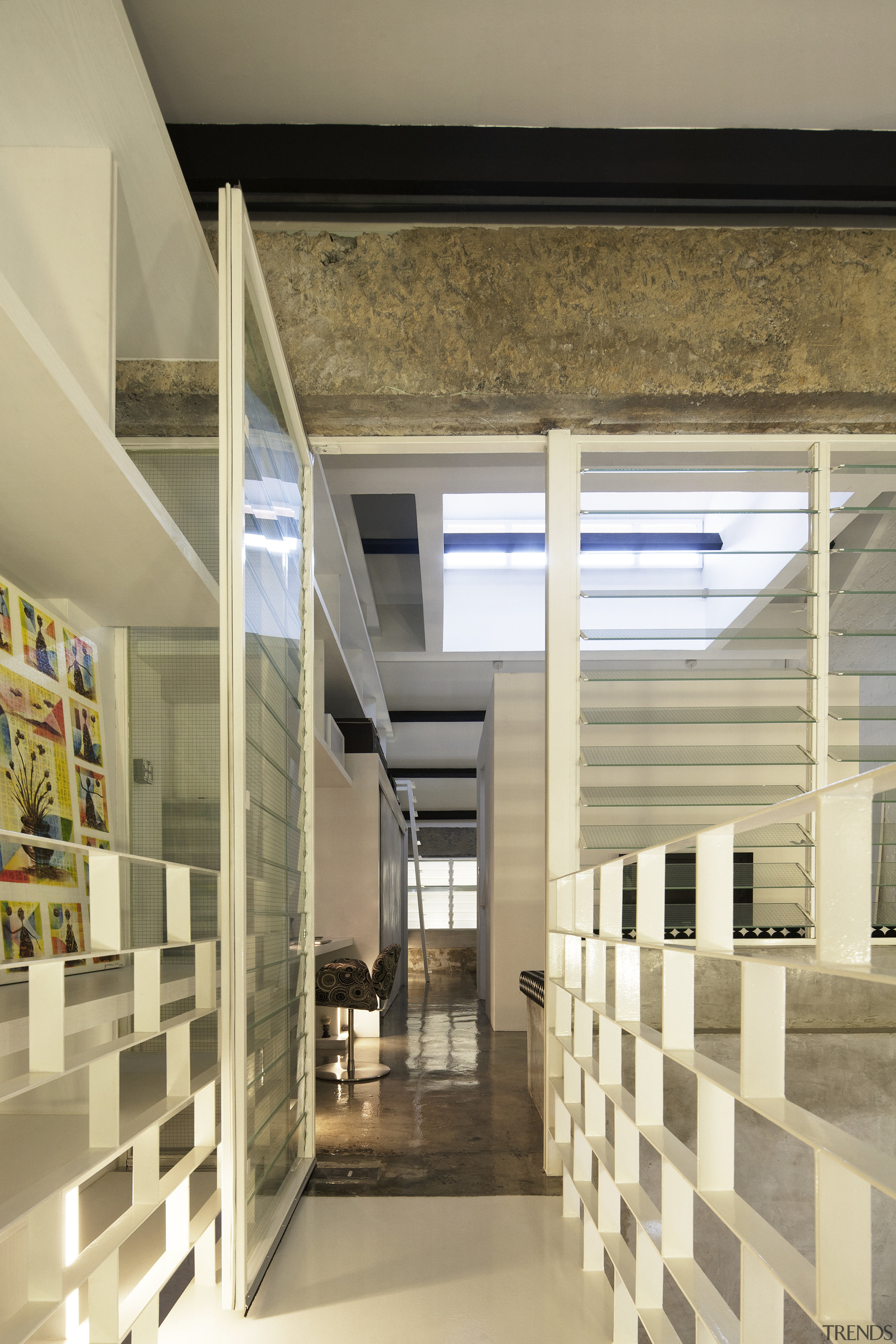 Upstairs living area in office unit conversion - architecture, ceiling, daylighting, interior design, orange, brown